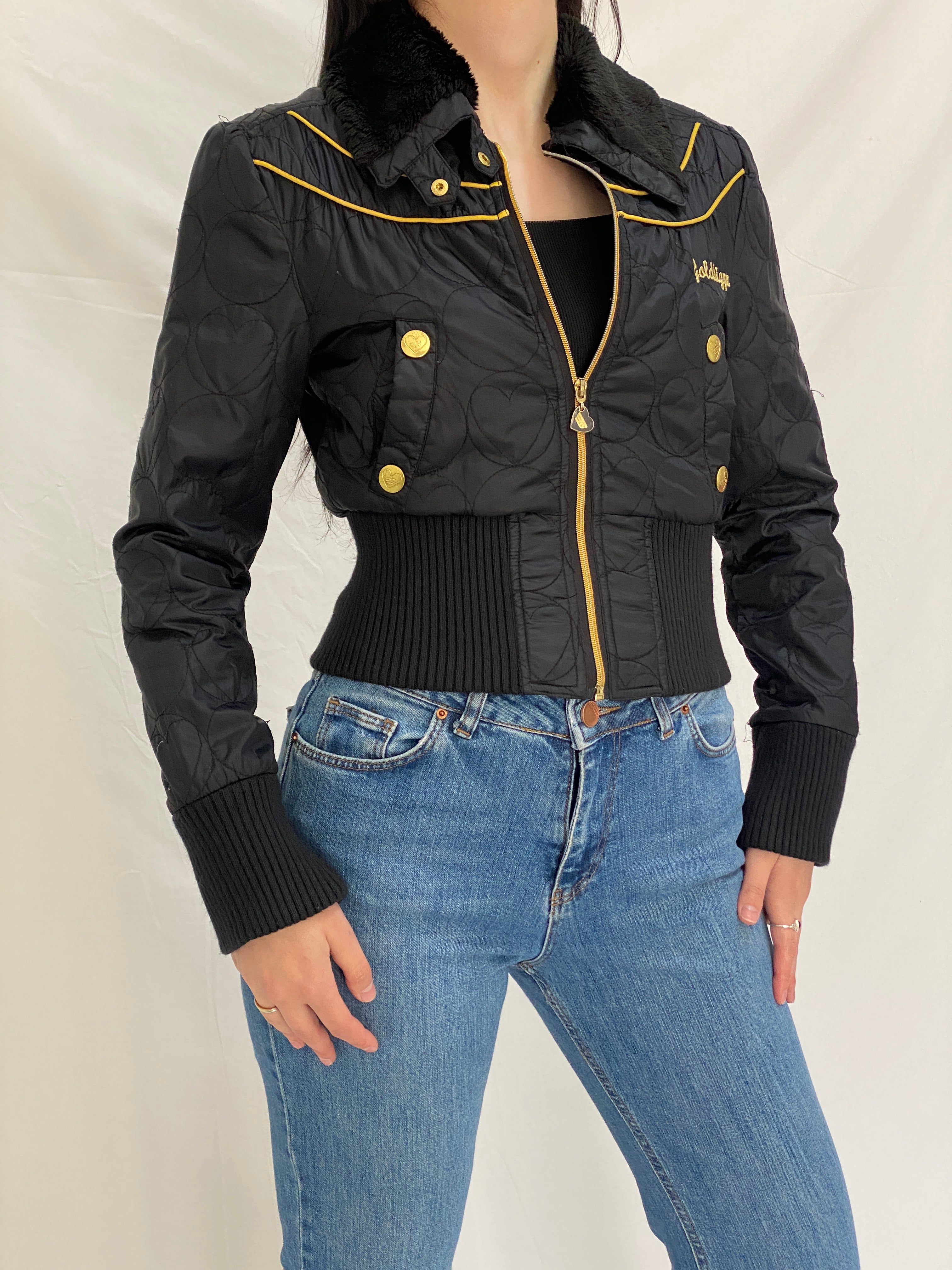 Y2K Core Golddigga Black Cropped Puffer Jacket Faux Fur Collar Gold Details - S