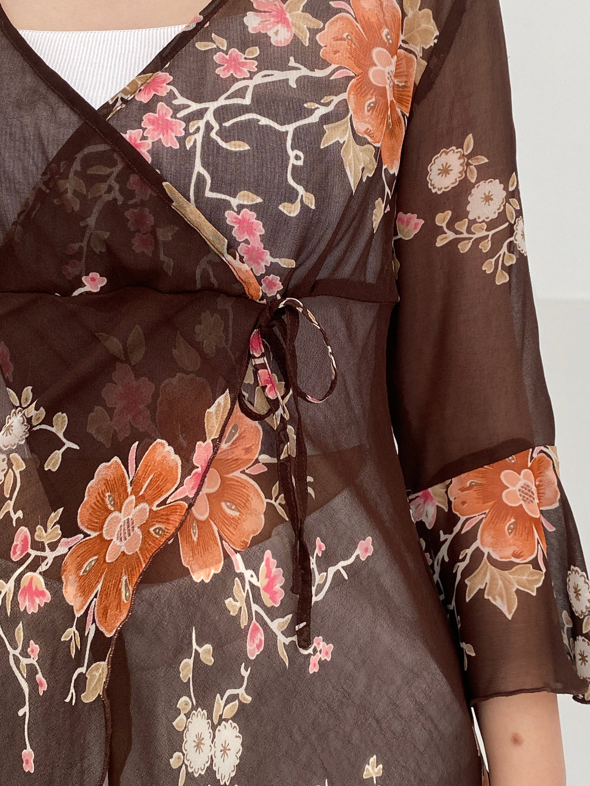 Y2K Une Mode Pour Moi Brown Sheer Floral Wrap Tunic Top – M