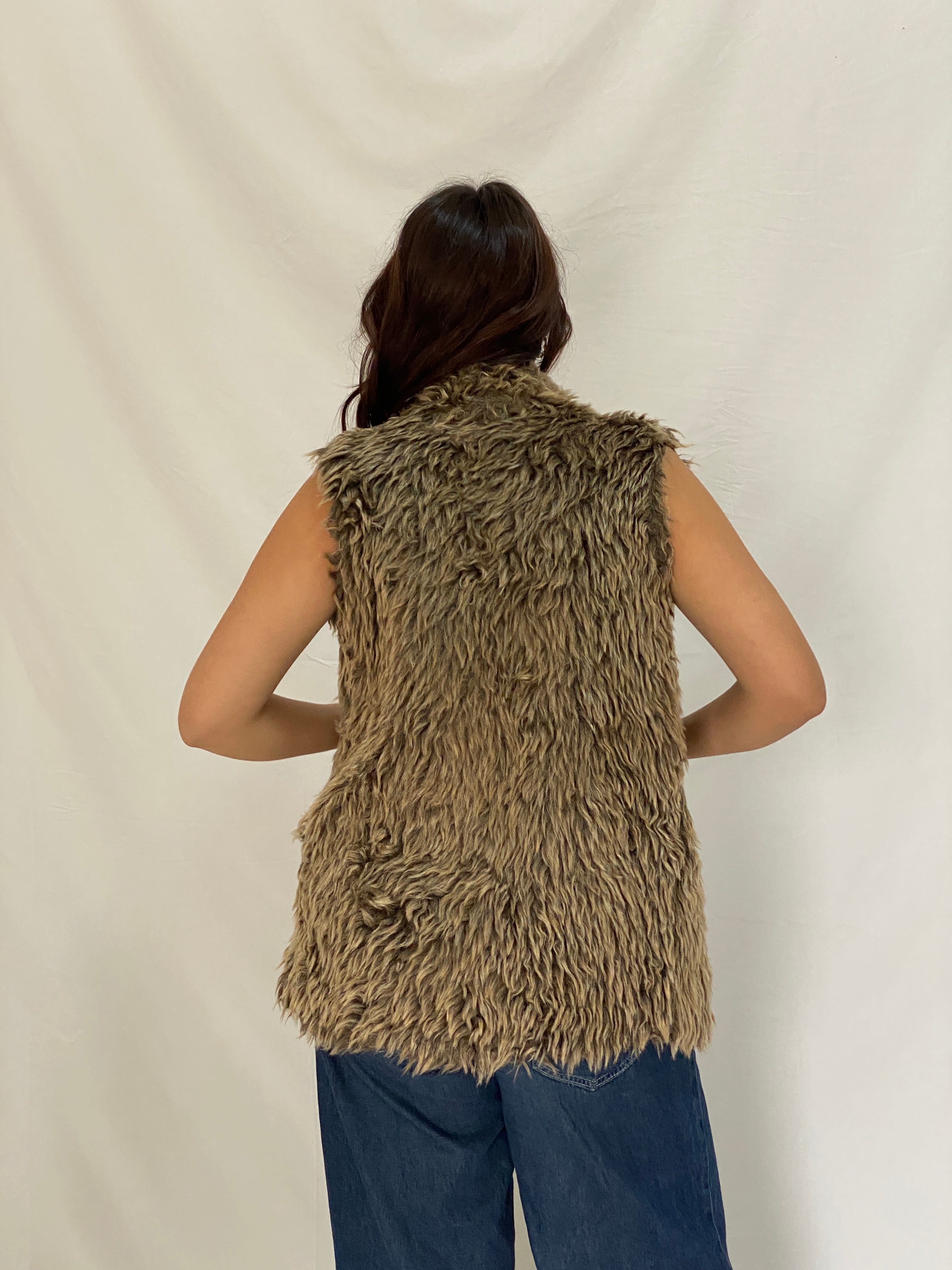 Vintage Shaggy Faux Fur Brown Sleeveless Boho Vest with Toggle Buttons - M