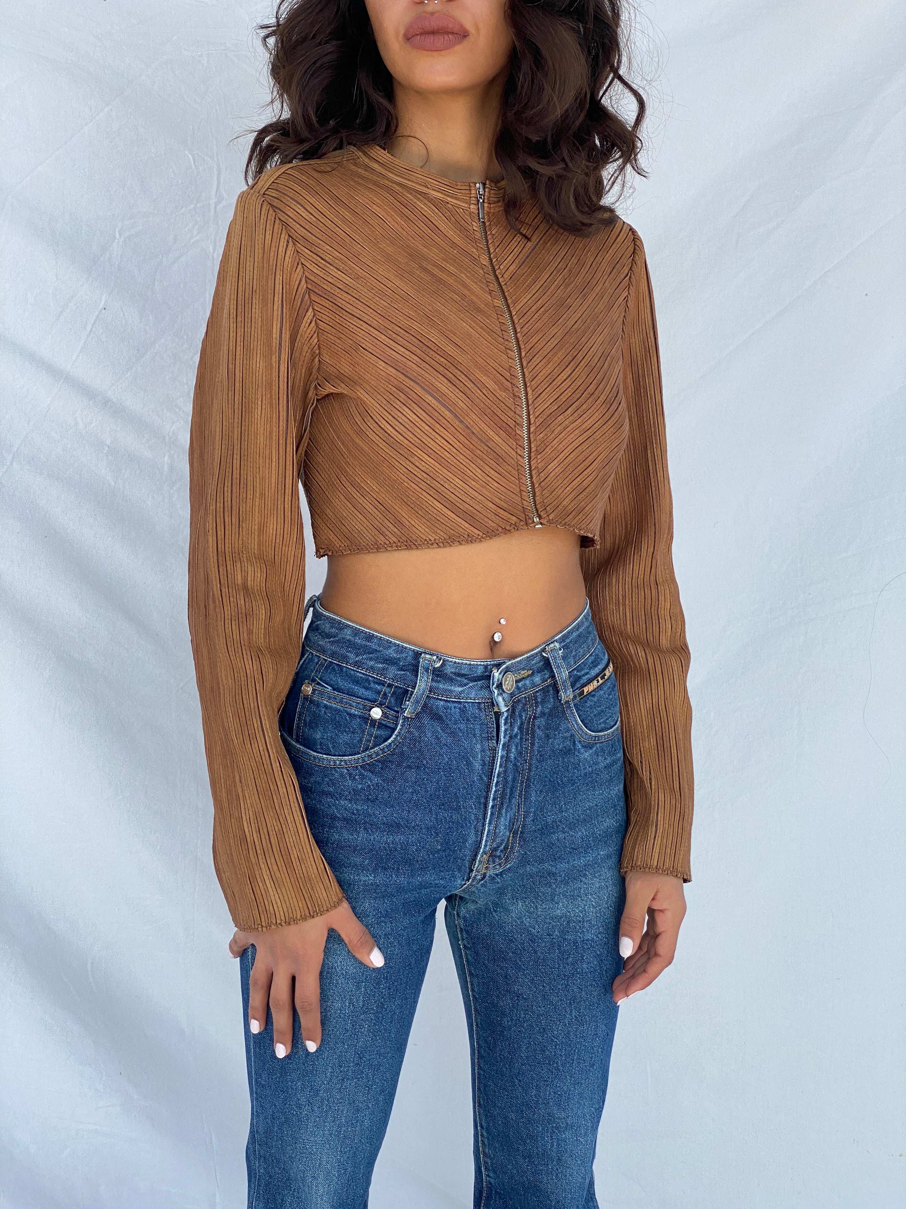 Vintage Brown Genuine Leather Zip Up Crop Top - Size S - Balagan Vintage Full Sleeve Top 90s, full sleeve top, Tojan, winter