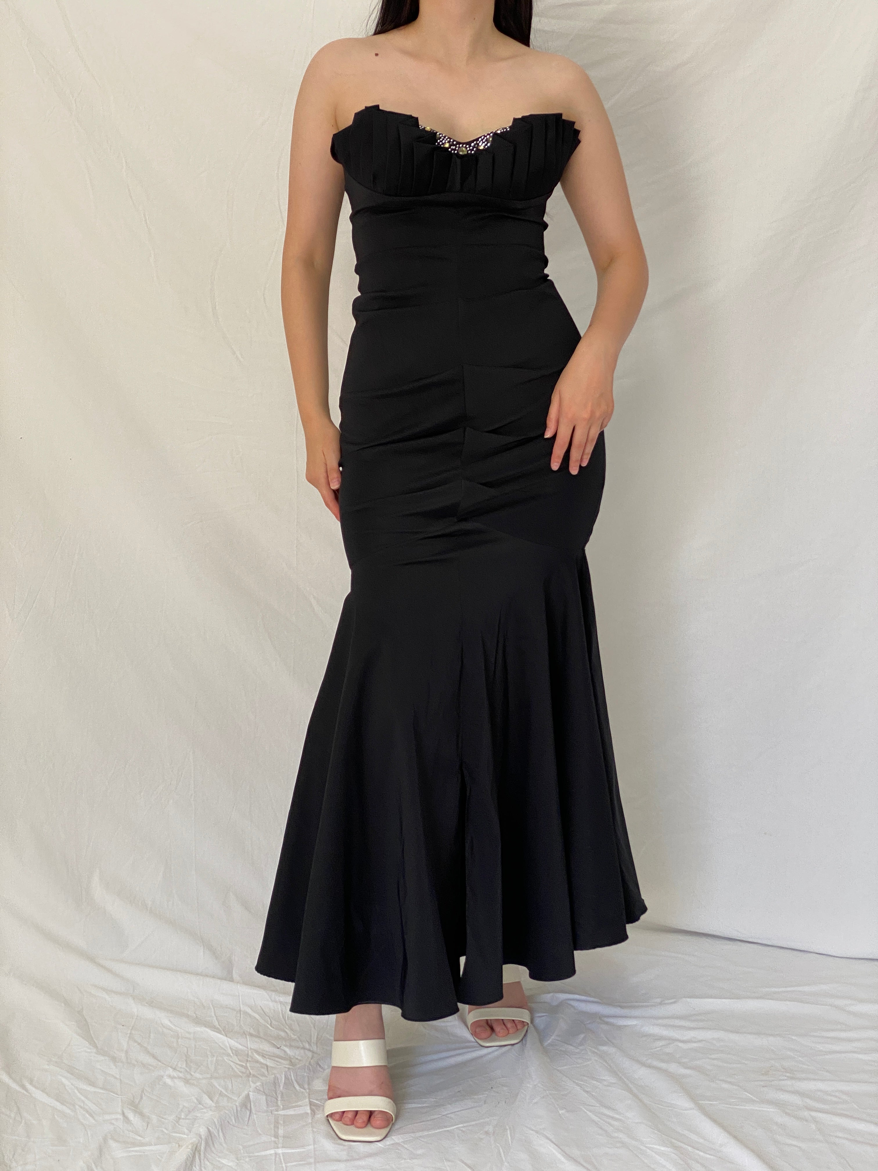 Vintage Betsy & Adam Black Beaded Bust Mermaid Evening Gown – M