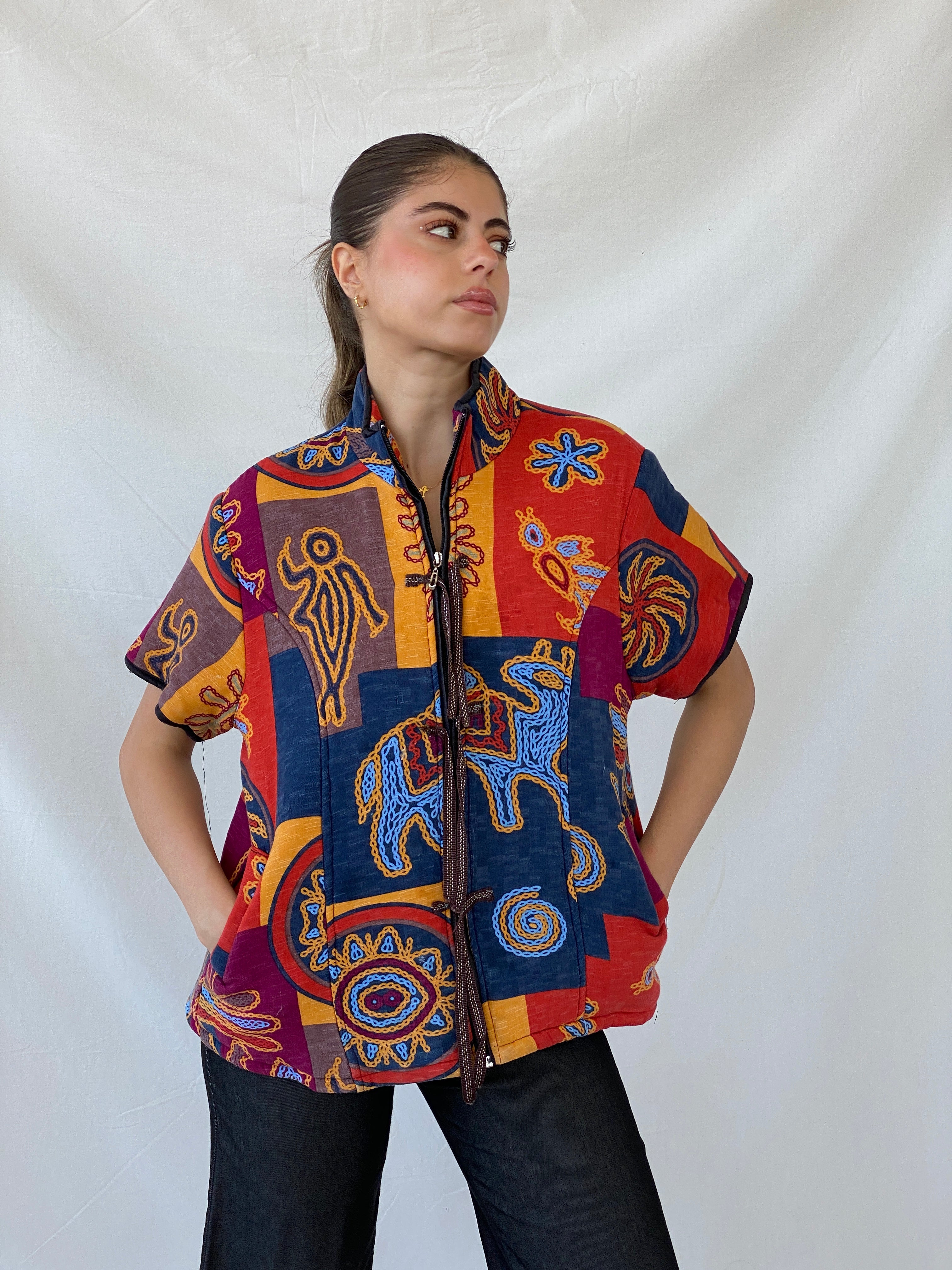 Quilted Japanese Bolero Kimono Ethnic Tribal Multicolor Jacket - L