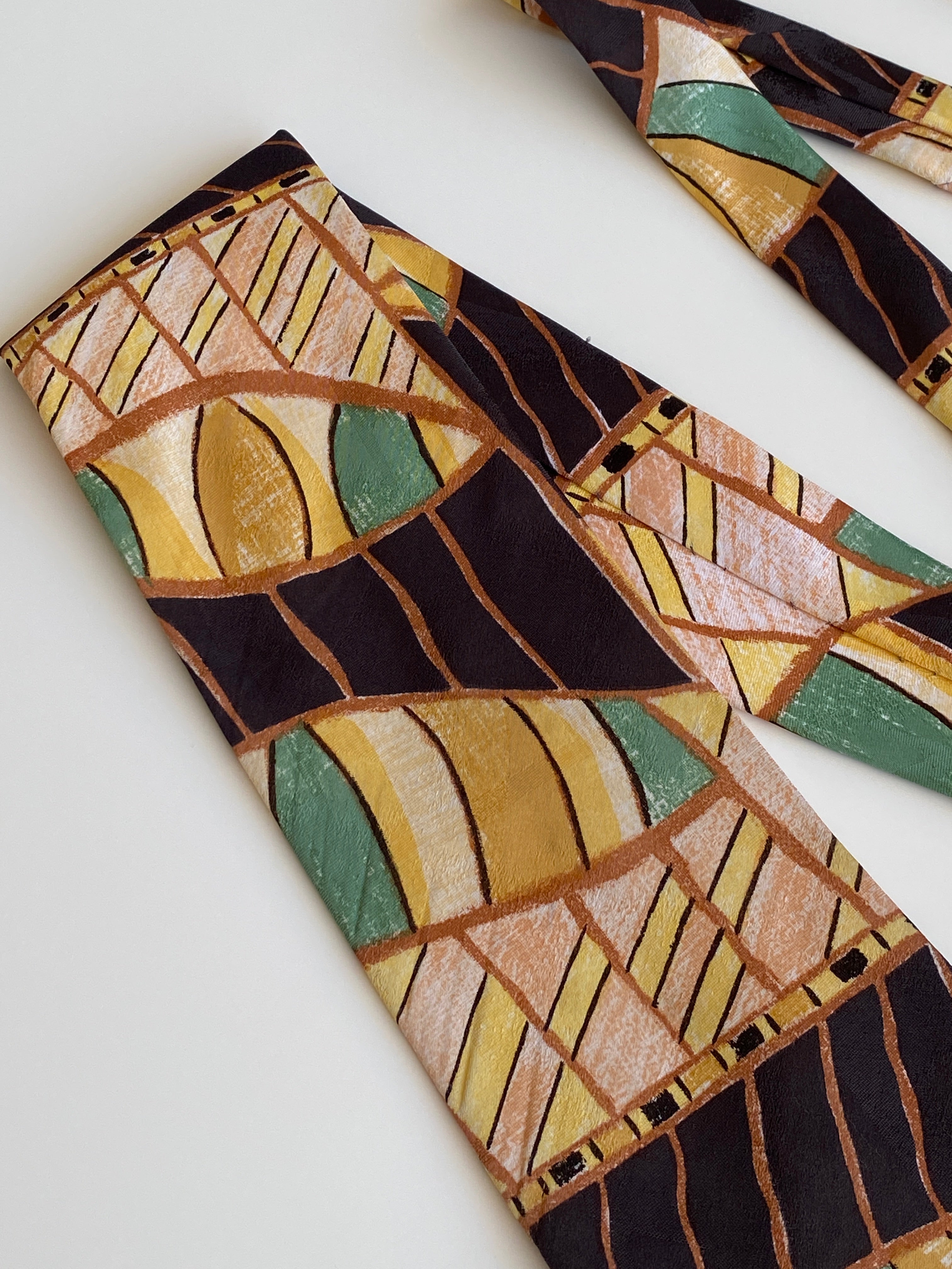 Vintage 90s T Fashion Brown Green Abstract Geometric Wide Necktie