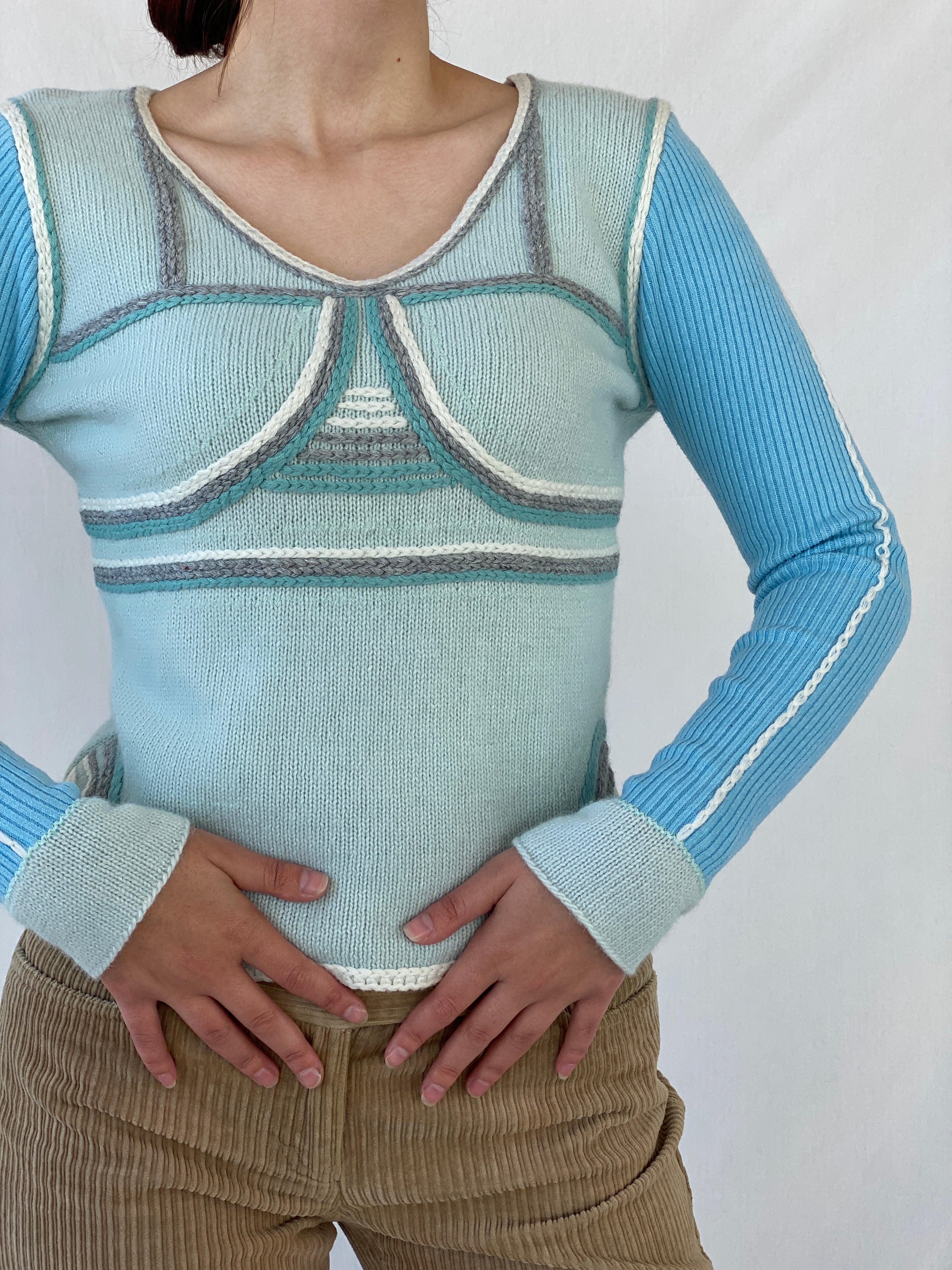 Vintage SUCHITA Rib Knit Pastel Blues Wool Long Sleeve Top - M