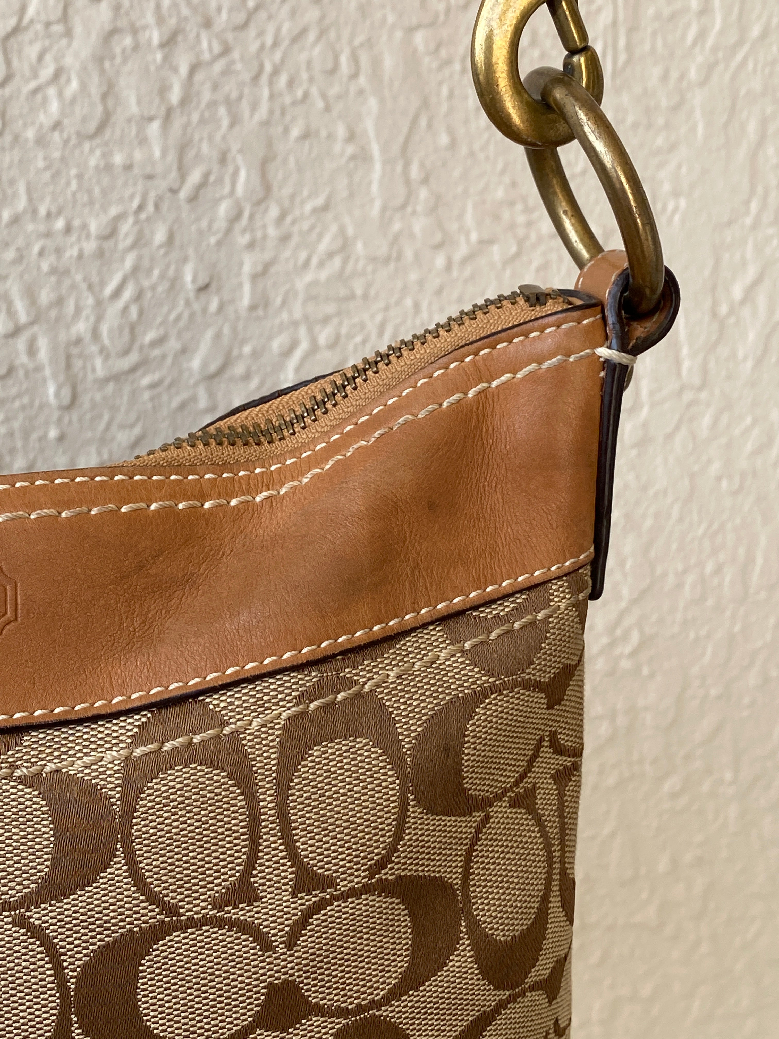 Vintage 2000s Coach Signature Monogram Canvas Shoulder Bag Brown & Tan Leather Trim