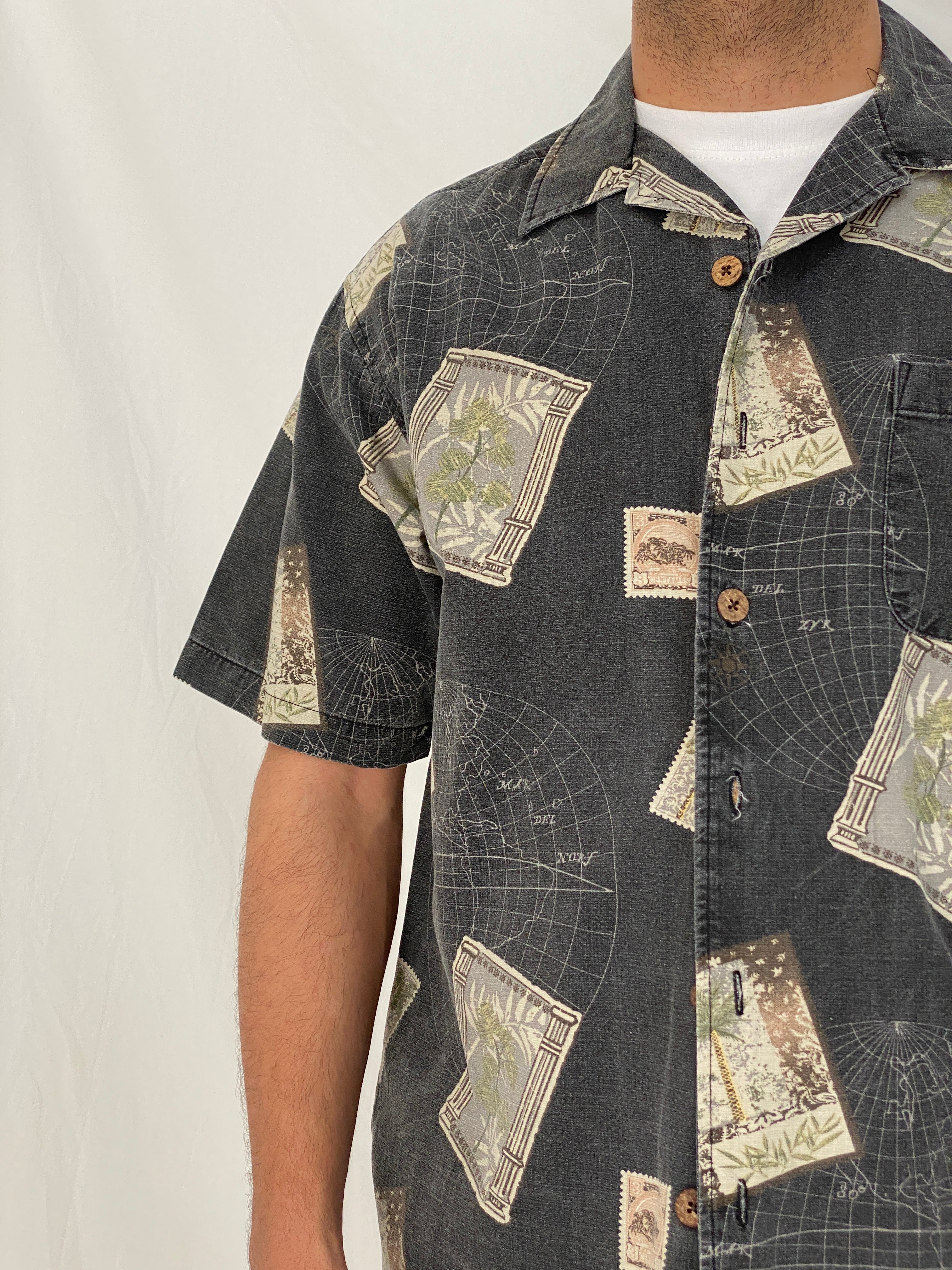 Vintage Joe Marlin Tropical Postcard Print Cotton Rayon Camp Shirt – M