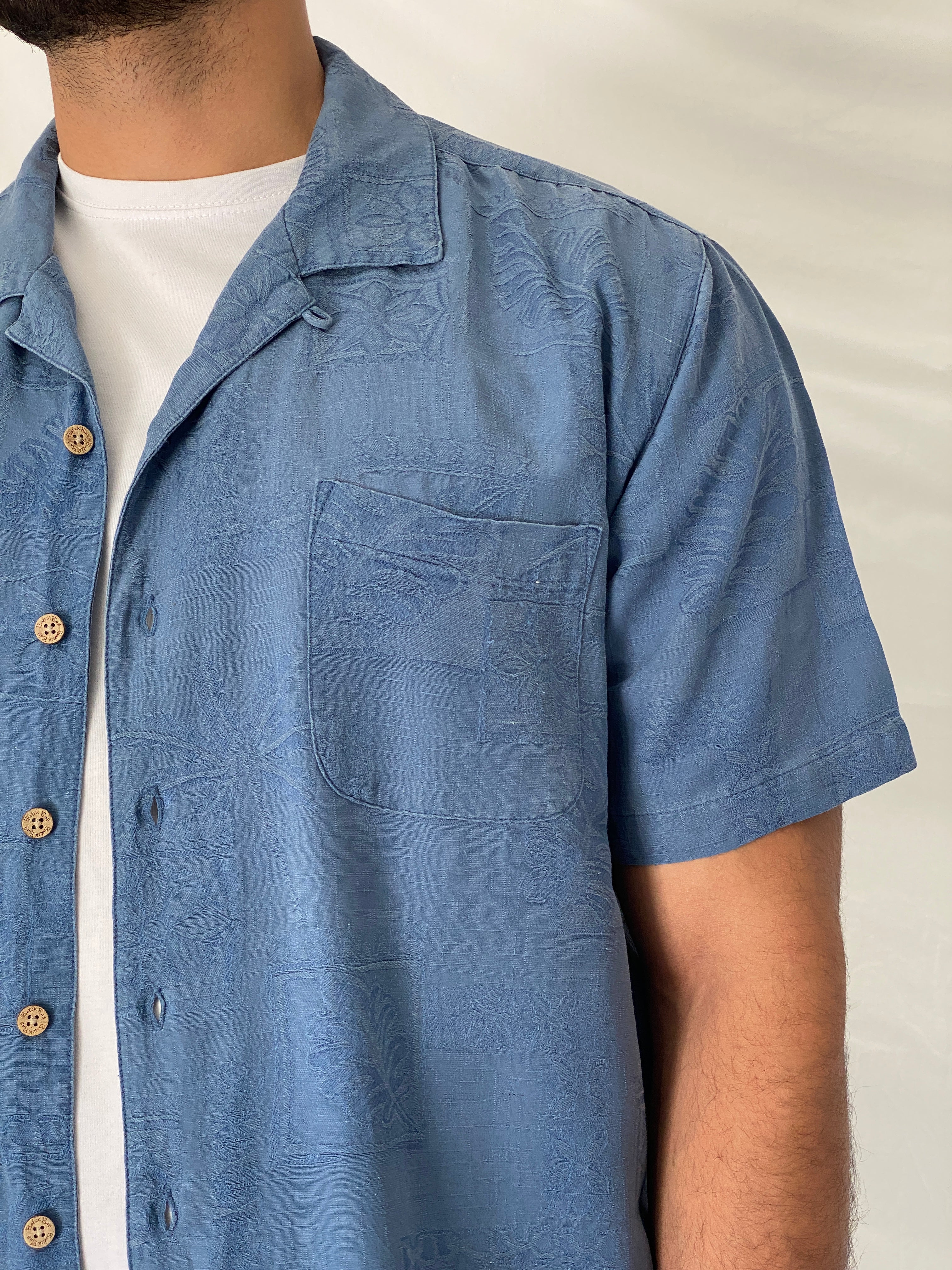 Vintage Batik Bay Blue 100% Silk Hawaiian Camp Jacquard Shirt – XL