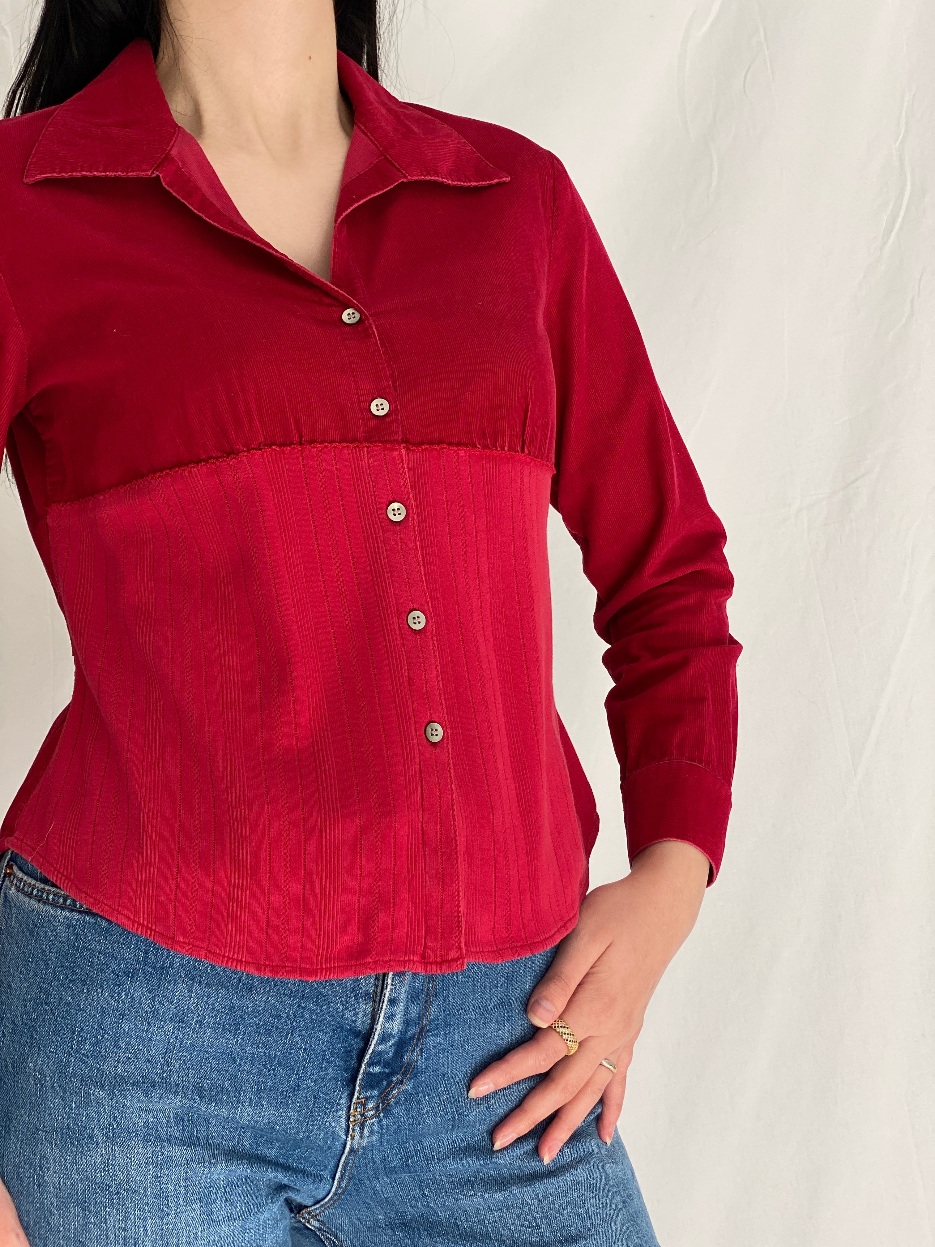Vintage J.Jill Red Corduroy Corset Panel Shirt Fitted Button-Up Blouse - S