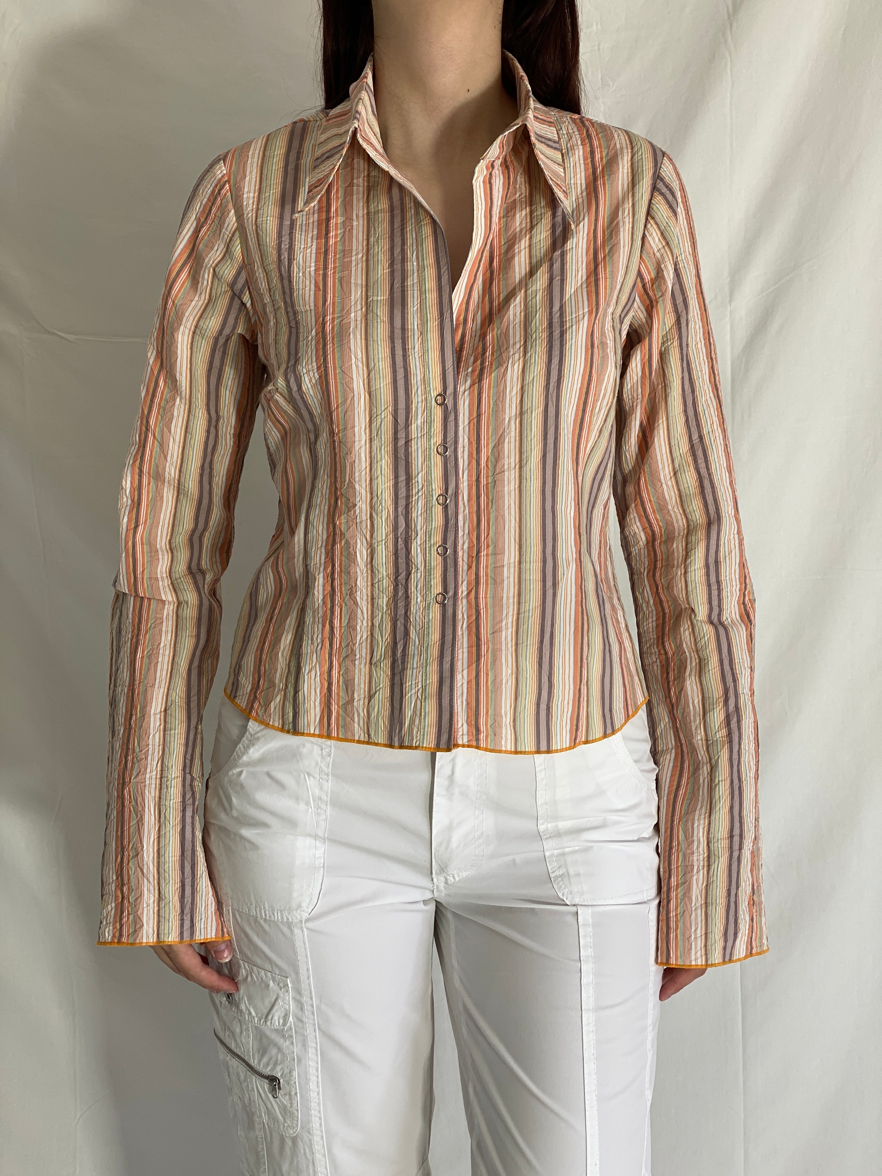 Vintage Y2K Watcher Striped Button Up Shirt Multicolor Long Sleeve Office Striped Shirt - L