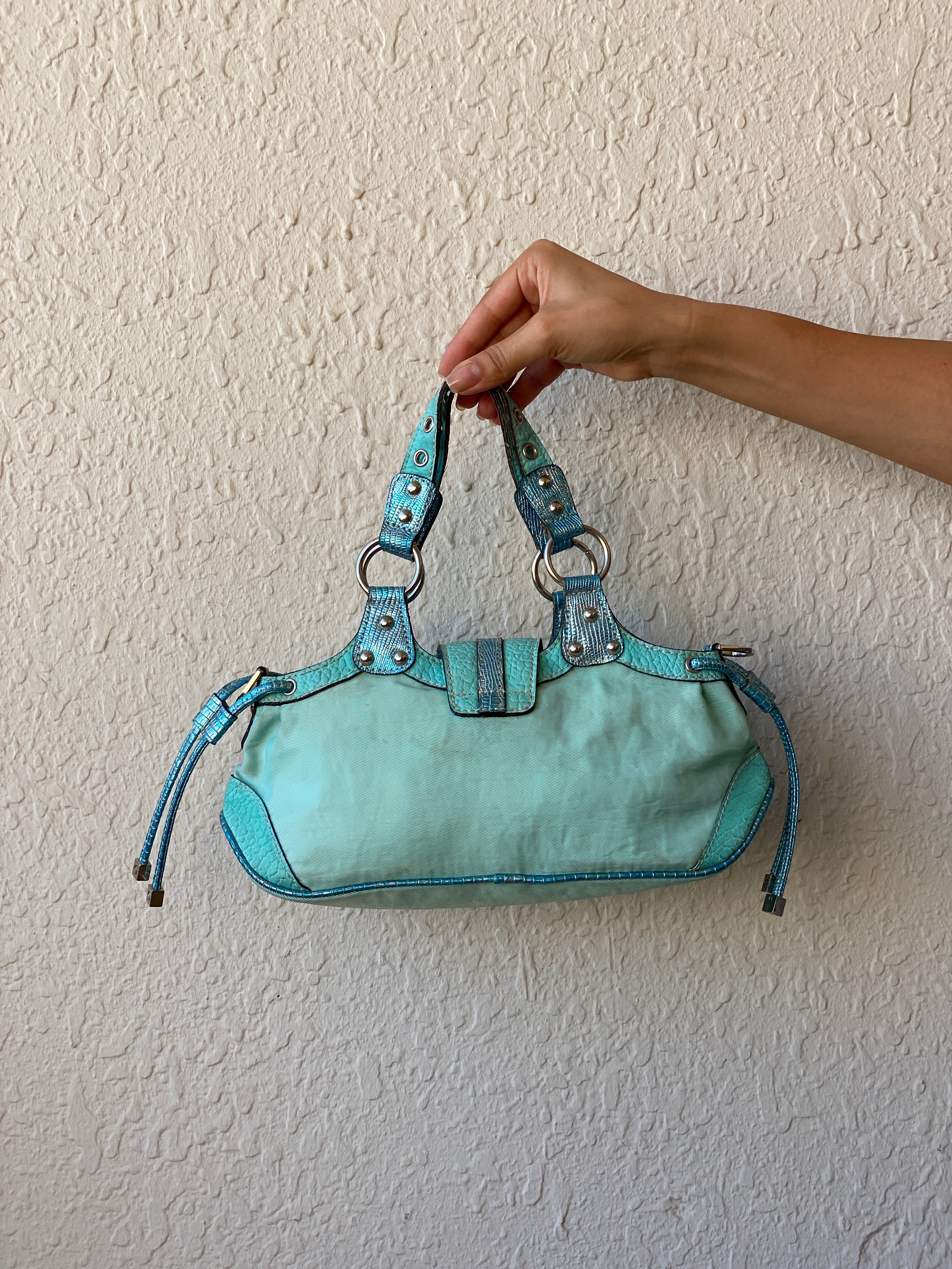 Vintage Y2K Guess Turquoise Satchel Bag with Logo G Hardware & Studded Trim Purse