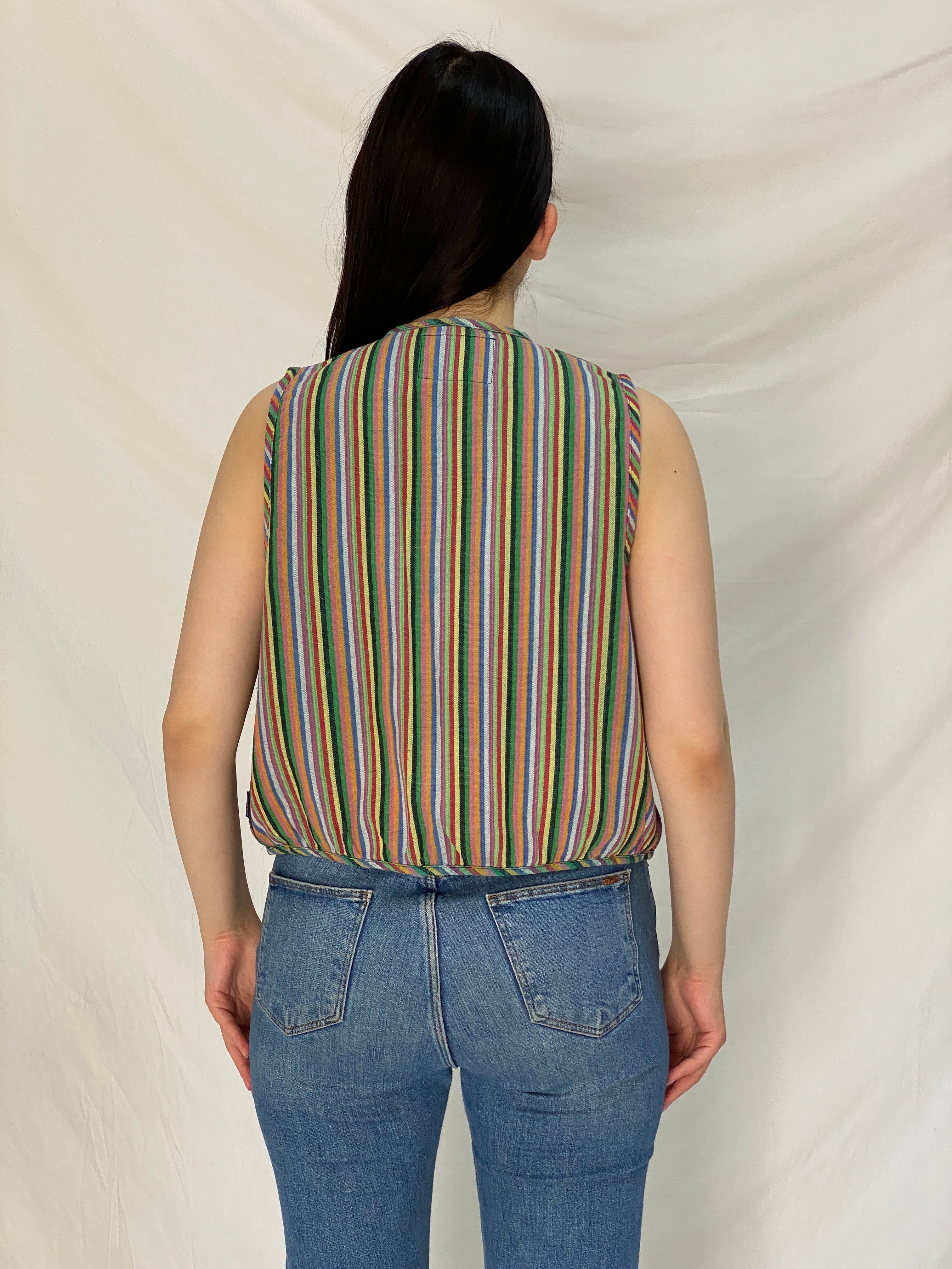 Vintage Esprit Cotton Striped Vest Rainbow Hippie Festival Open Front Waistcoat – M