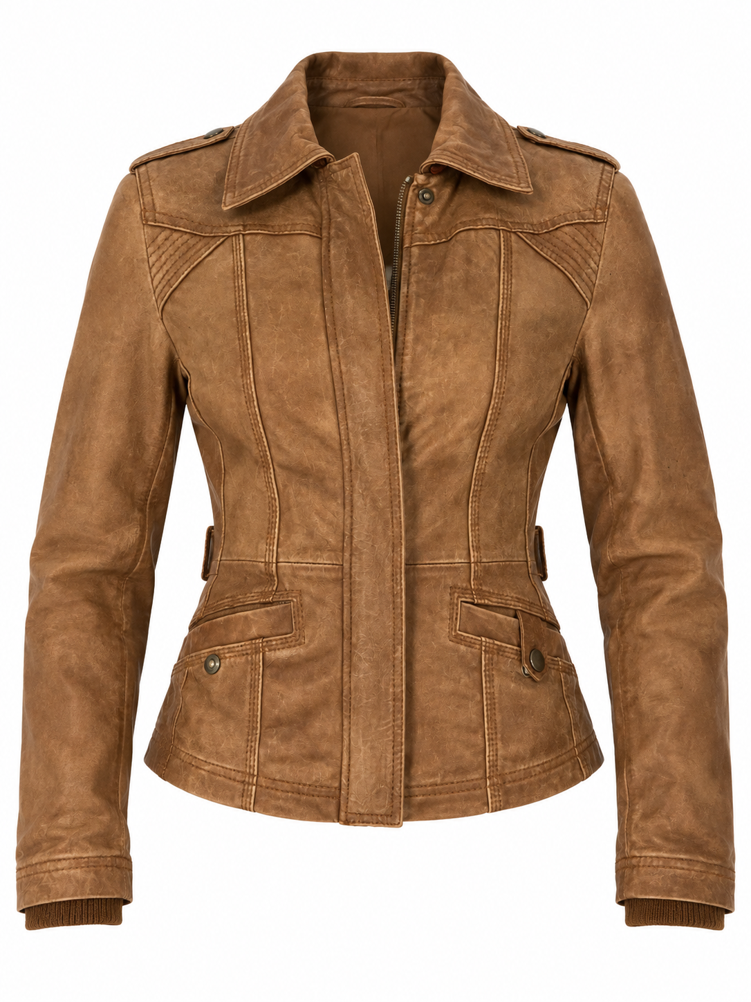 Vintage Y2K Stradivarius Brown Real Leather Moto Fitted Jacket - S