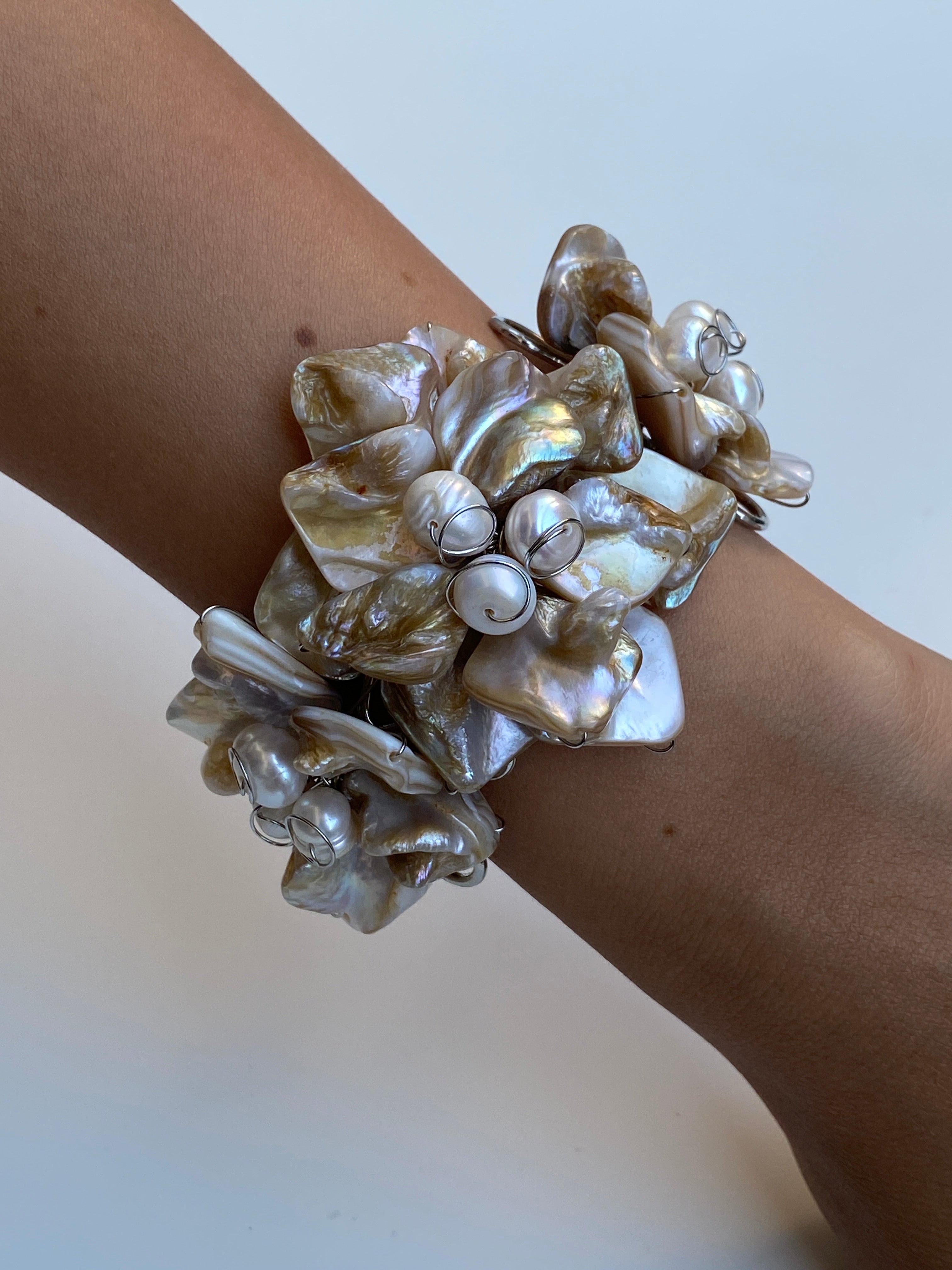 Vintage Mother of Pearl Cluster Cuff Handmade Artisan Shell Bracelet