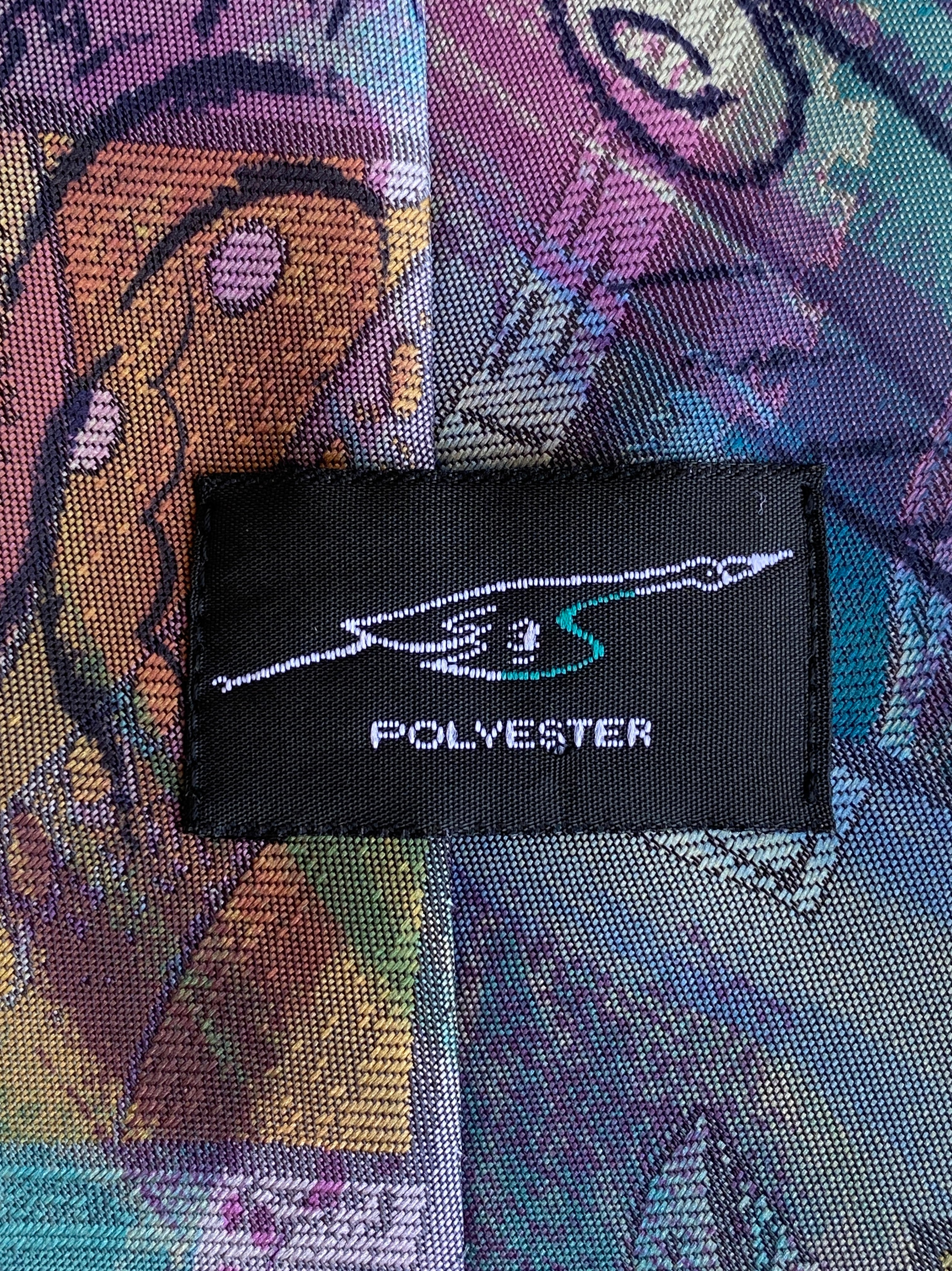 Vintage 1990s Purple Teal Abstract Floral Polyester Wide Necktie