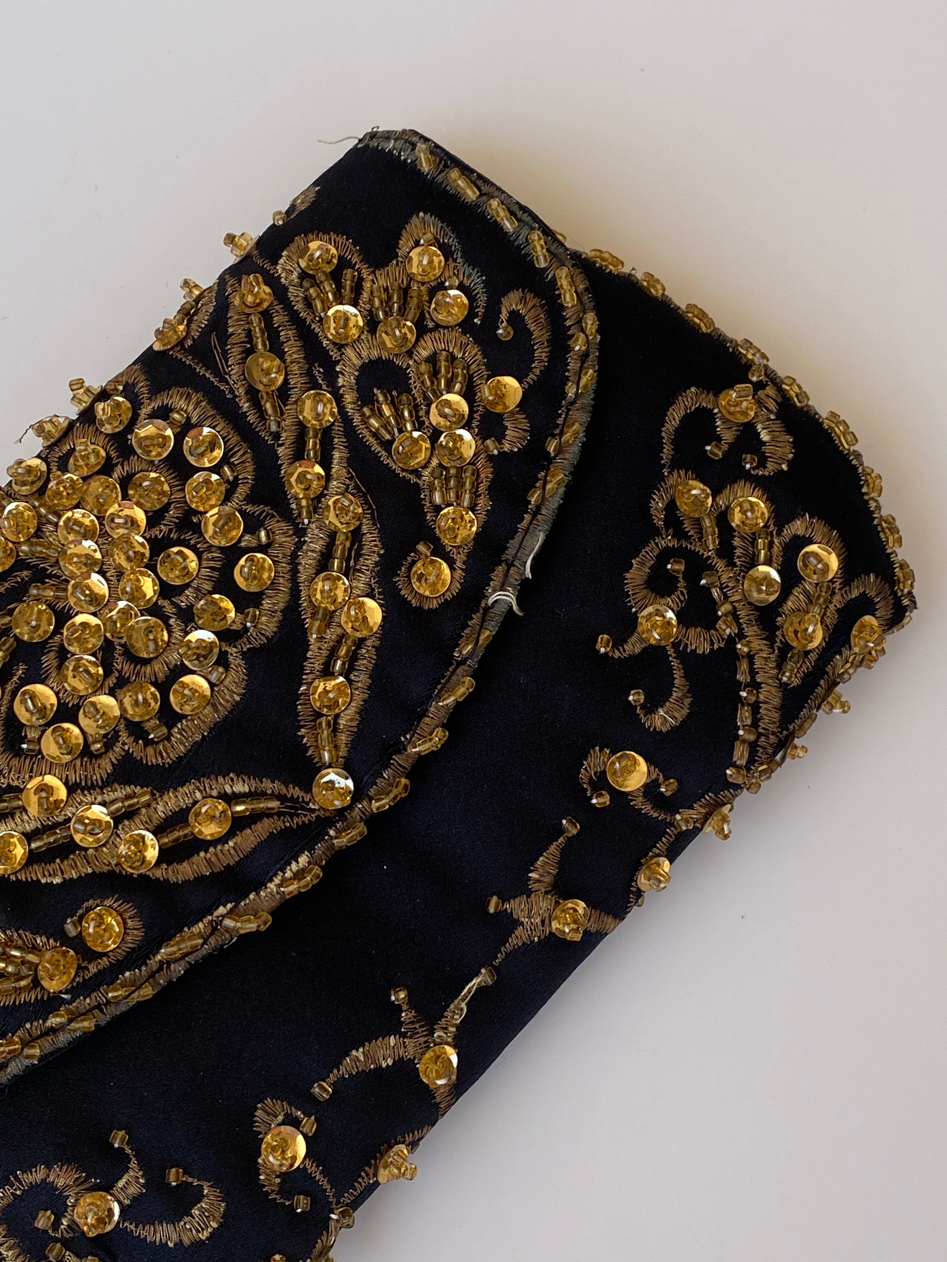 Vintage Black & Gold Beaded Embroidered Evening Mini Clutch Bag