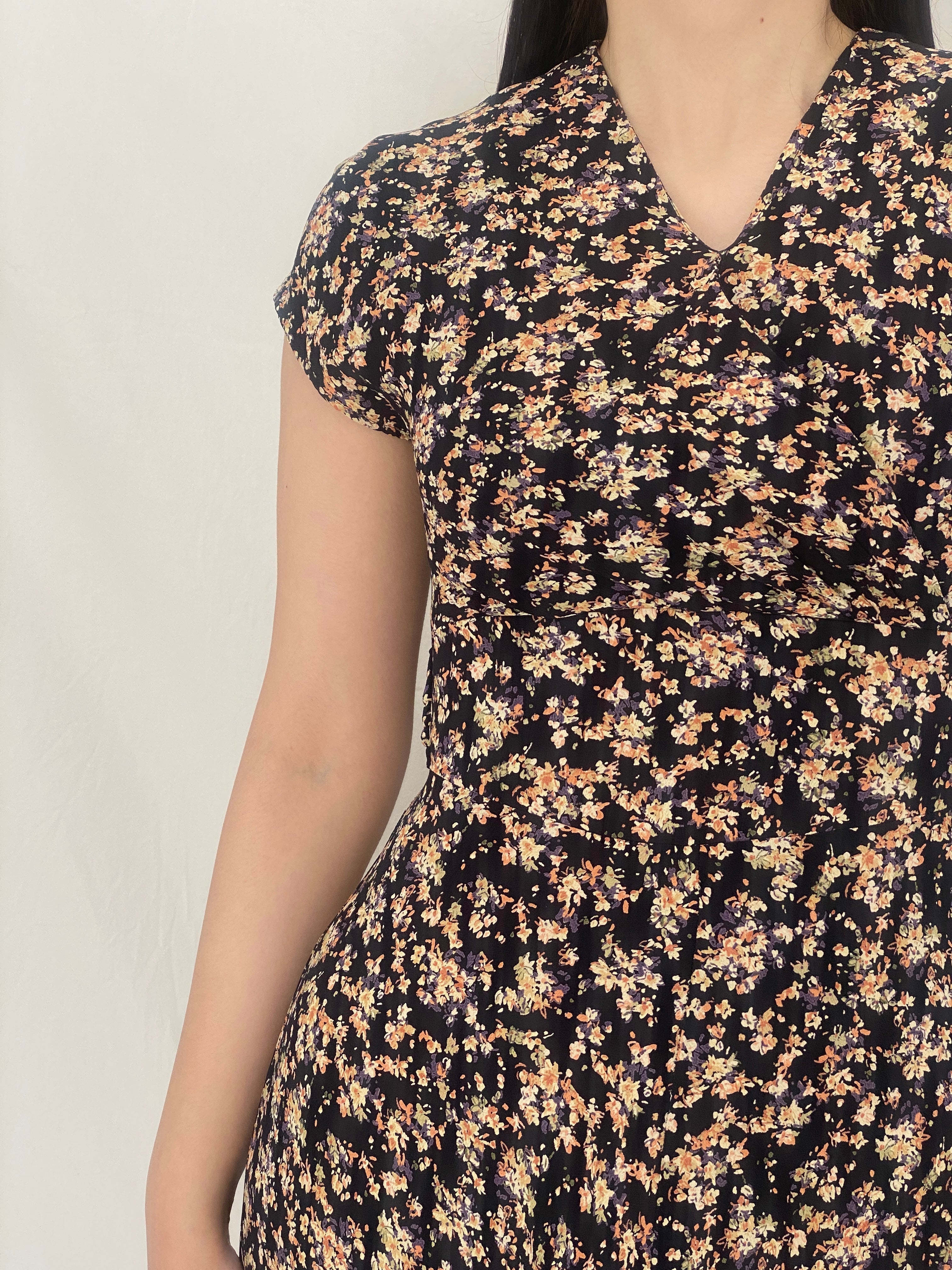 Vintage 90s Petite Sophisticate Black Floral Midi Dress with Tie Back - S