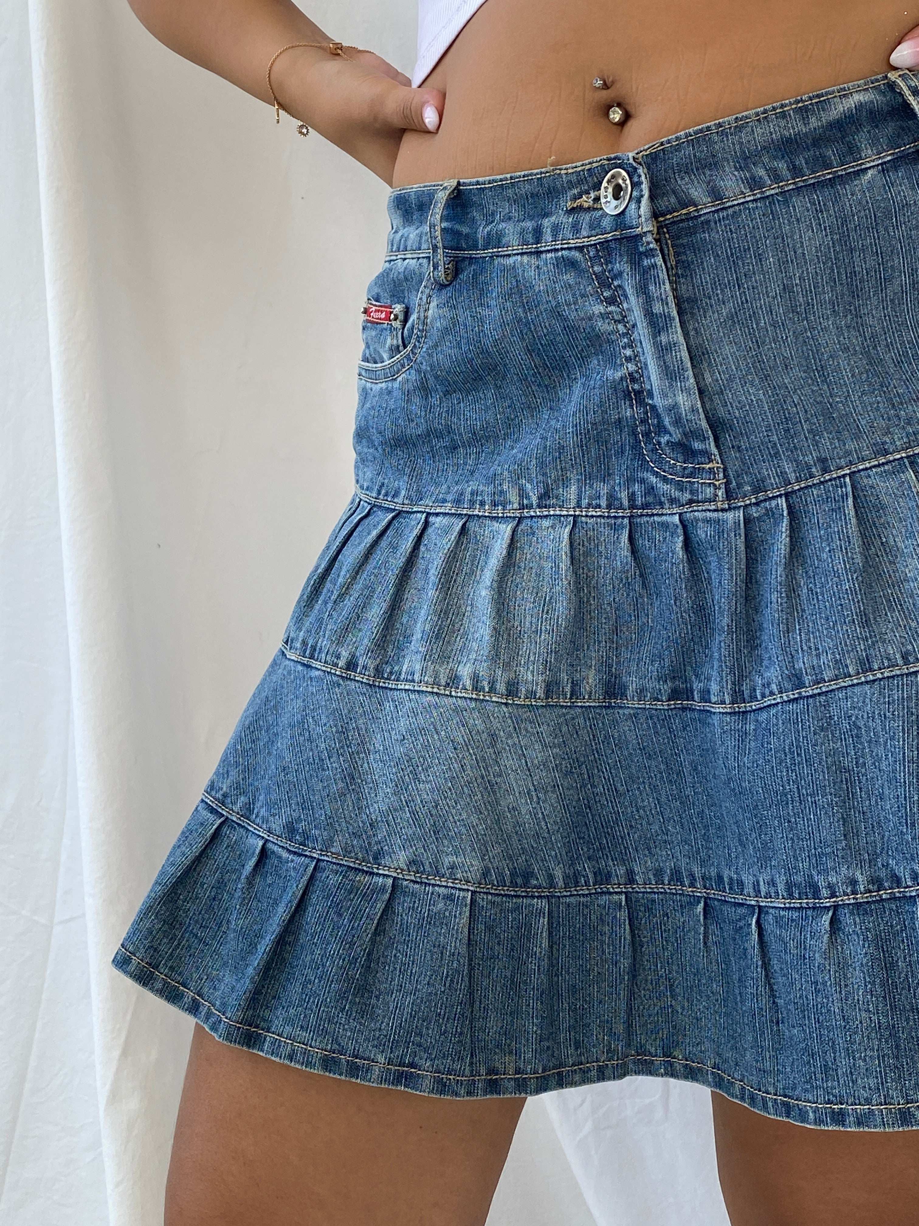 Vintage Fuxxia Tiered Denim Mini Skirt - L - Balagan Vintage Mini Skirt 00s, 90s, denim, denim skirt, Dina, NEW IN