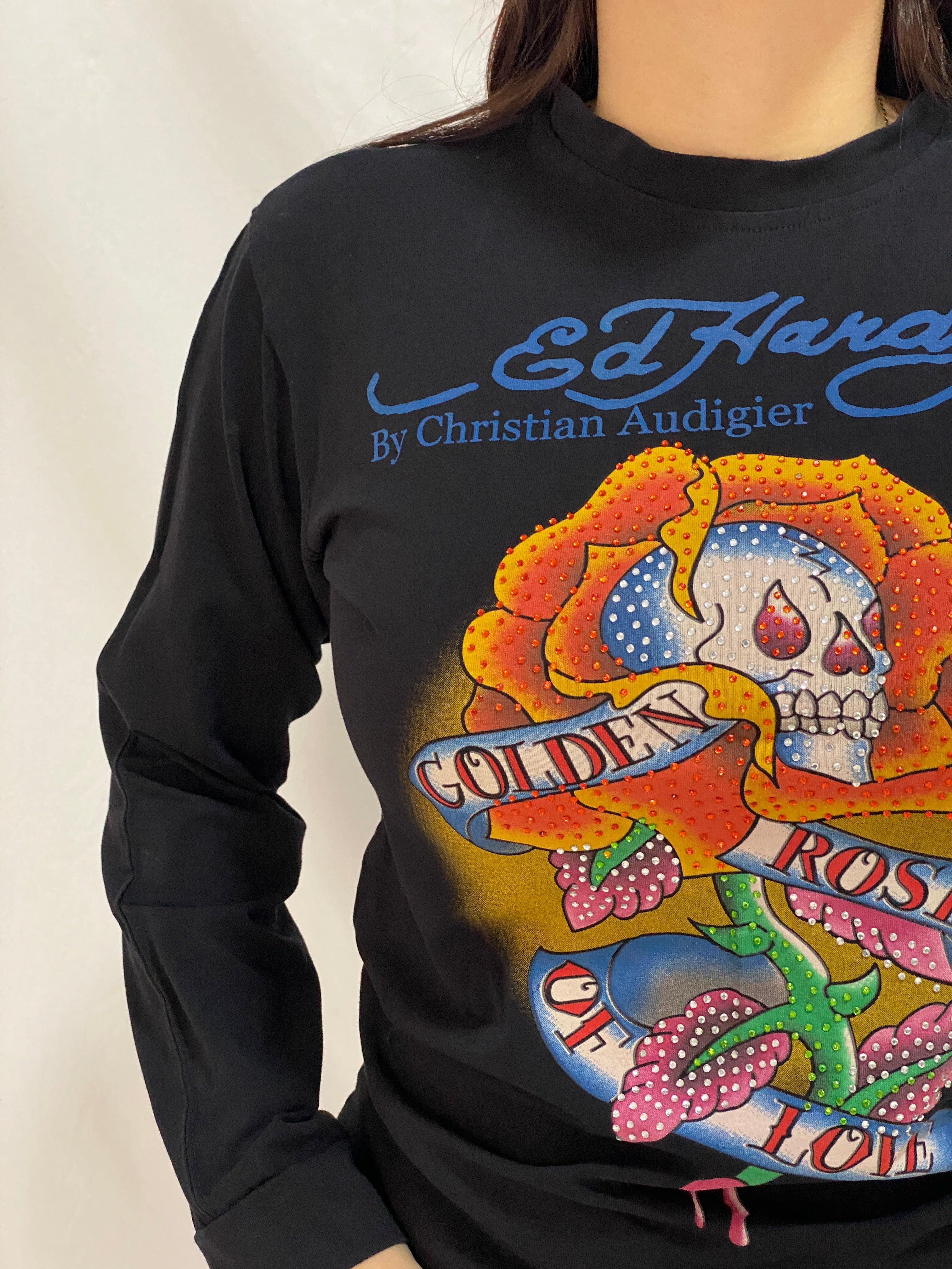 Vintage Ed Hardy Golden Rose Skull Graphic Long Sleeve Top by Christian Audigier - M