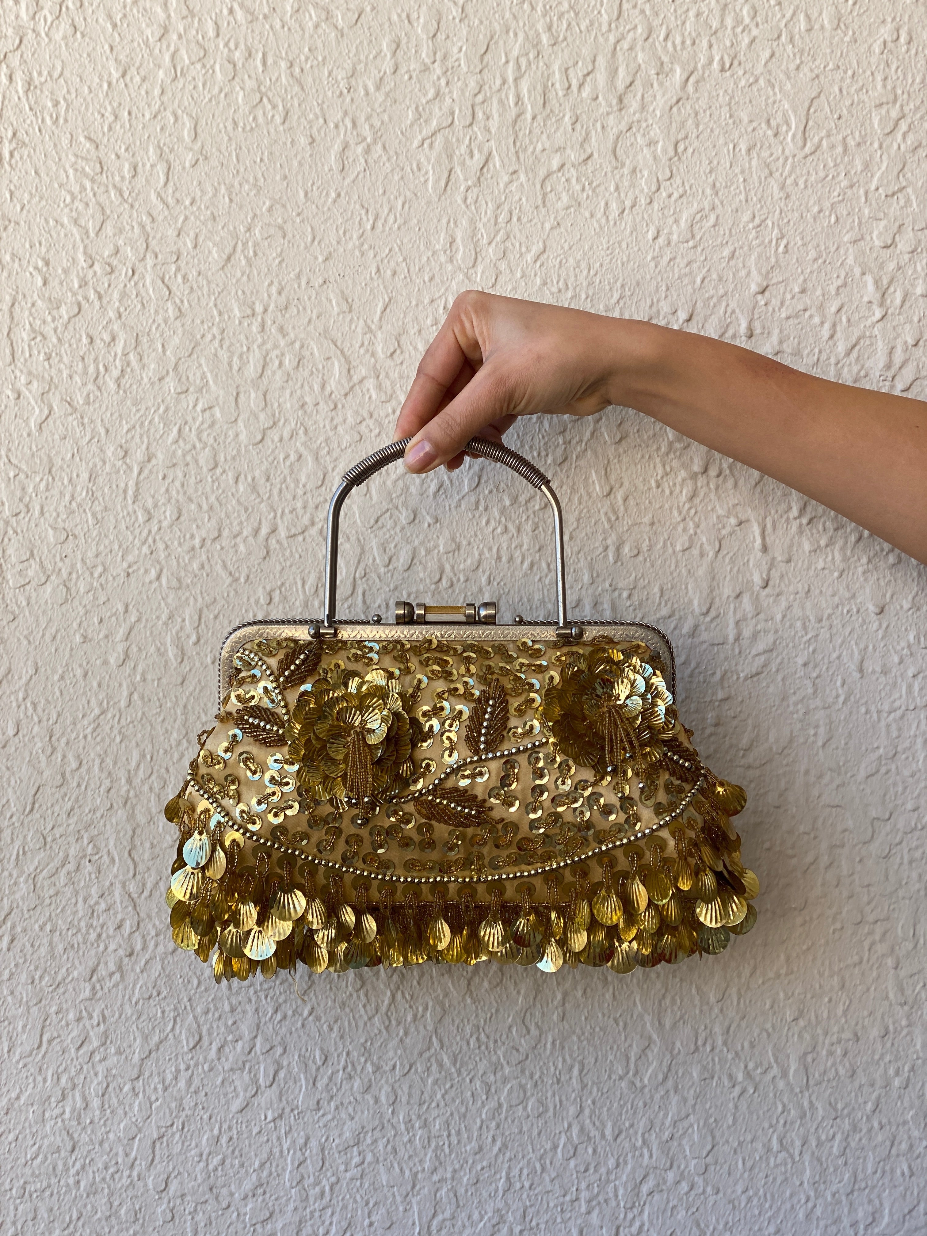 Vintage Gold Beaded Evening Clutch Sequined Metal Handle Bag