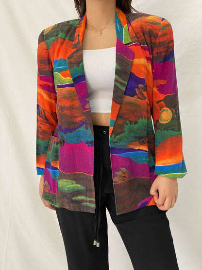 Vintage Linda Allard for Ellen Tracy Silk Abstract Landscape Art Print Blazer - M