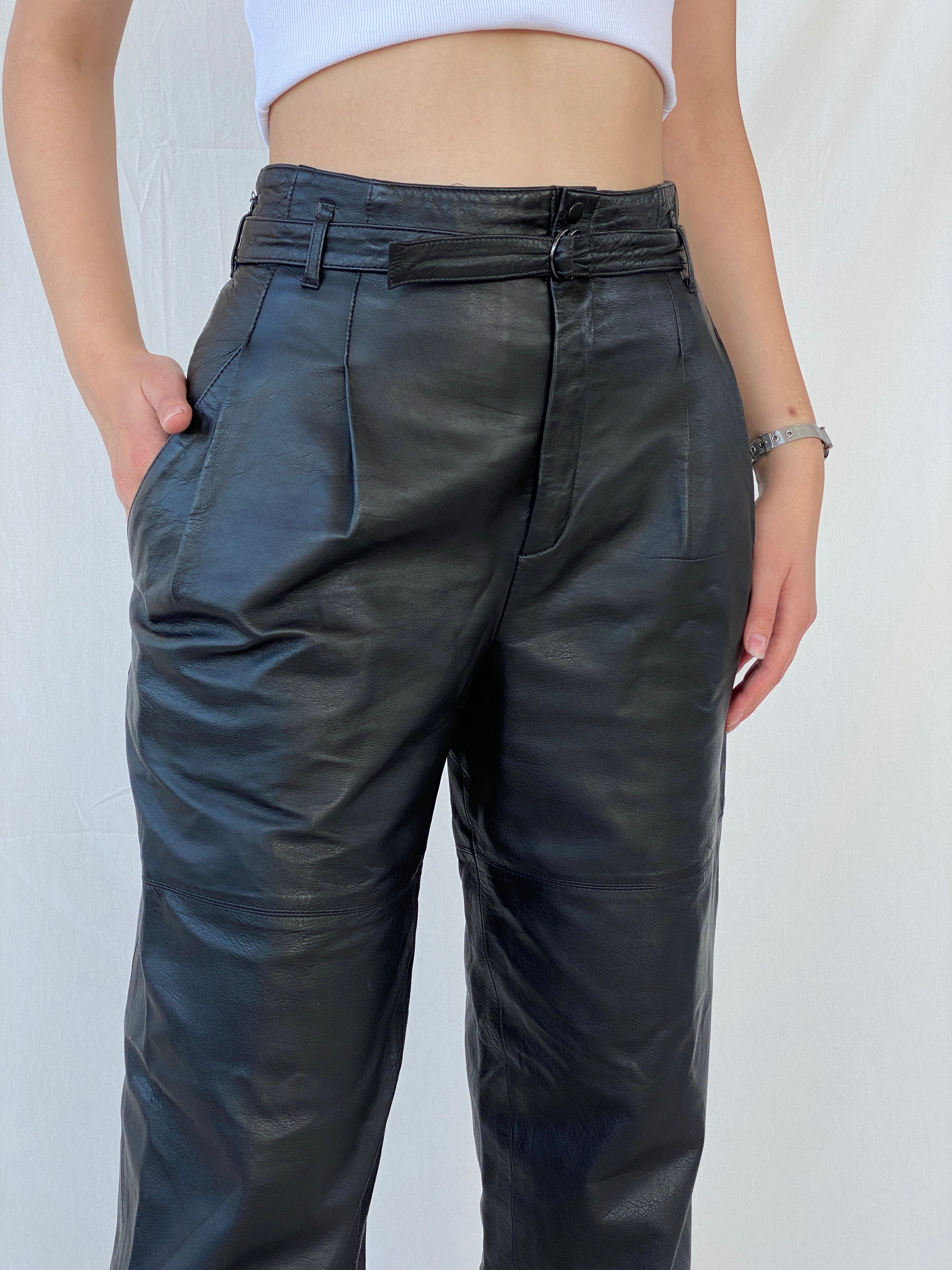 Vintage Betty Barclay Black Genuine Leather Biker Belted Pants - M