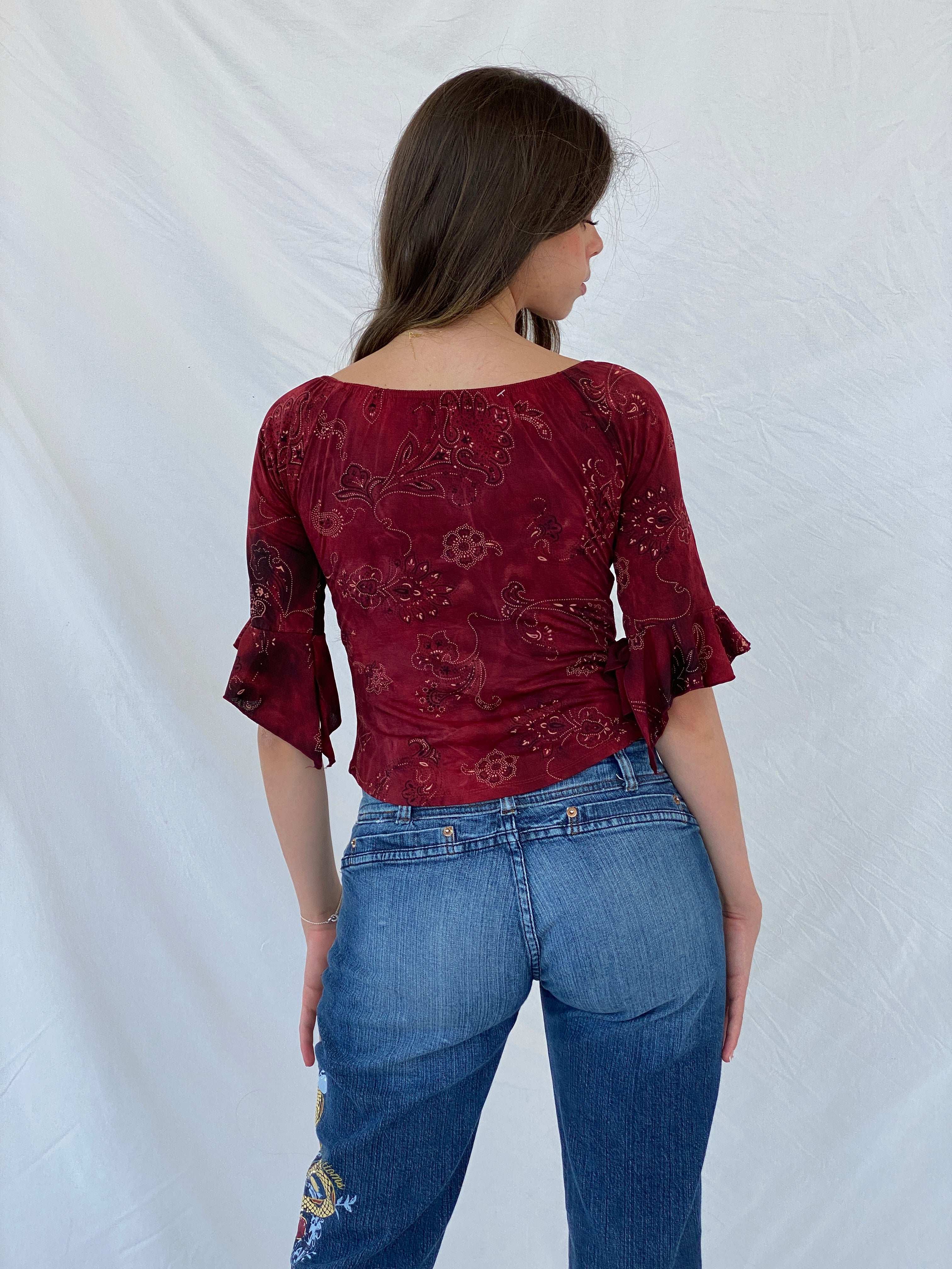 Vintage Floral Glittery Maroon Boho Top - S - Balagan Vintage Full Sleeve Top 90s, floral, floral top, full sleeve top, Mira, NEW IN