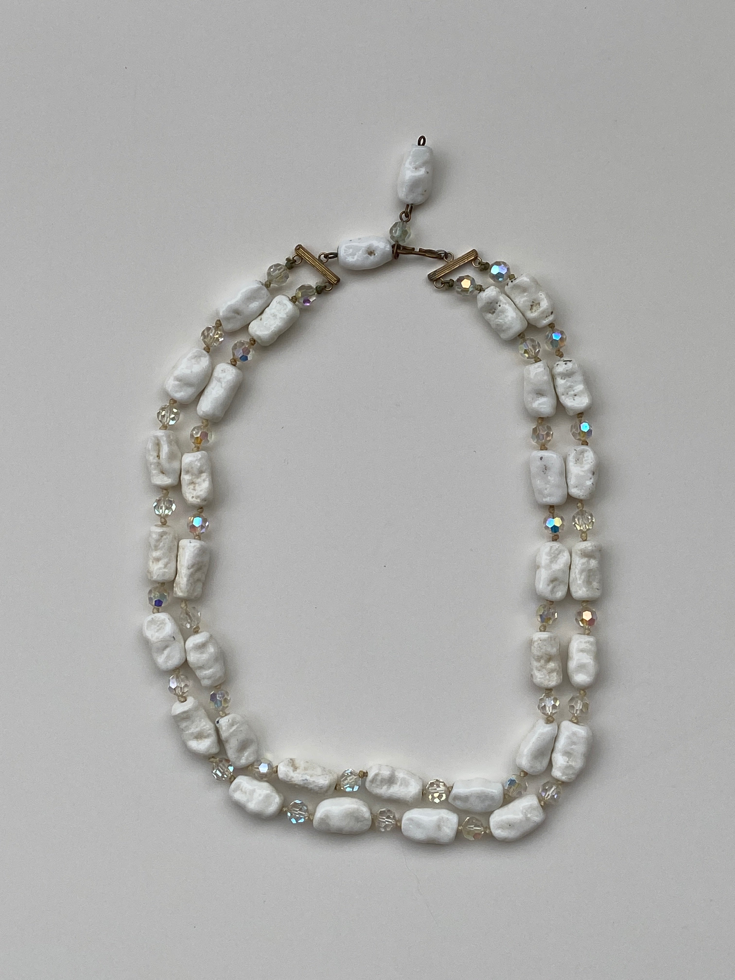 Vintage White Stone & Crystal Beaded Necklace Double Strand Organic Minimalist Jewelry