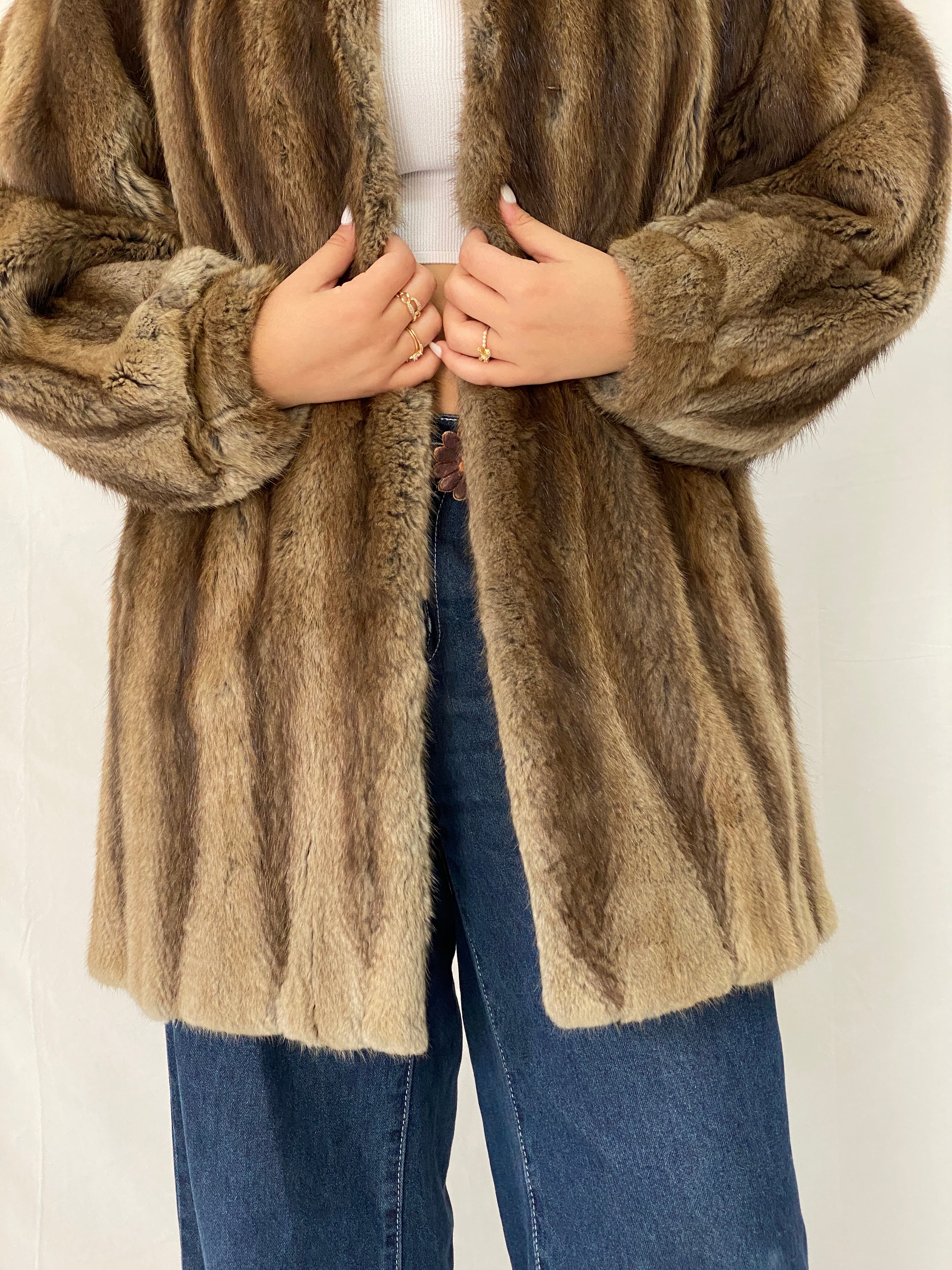Vintage Natural Brown Mink Fur Coat Classic Mid-Length Luxury Winter Jacket - L