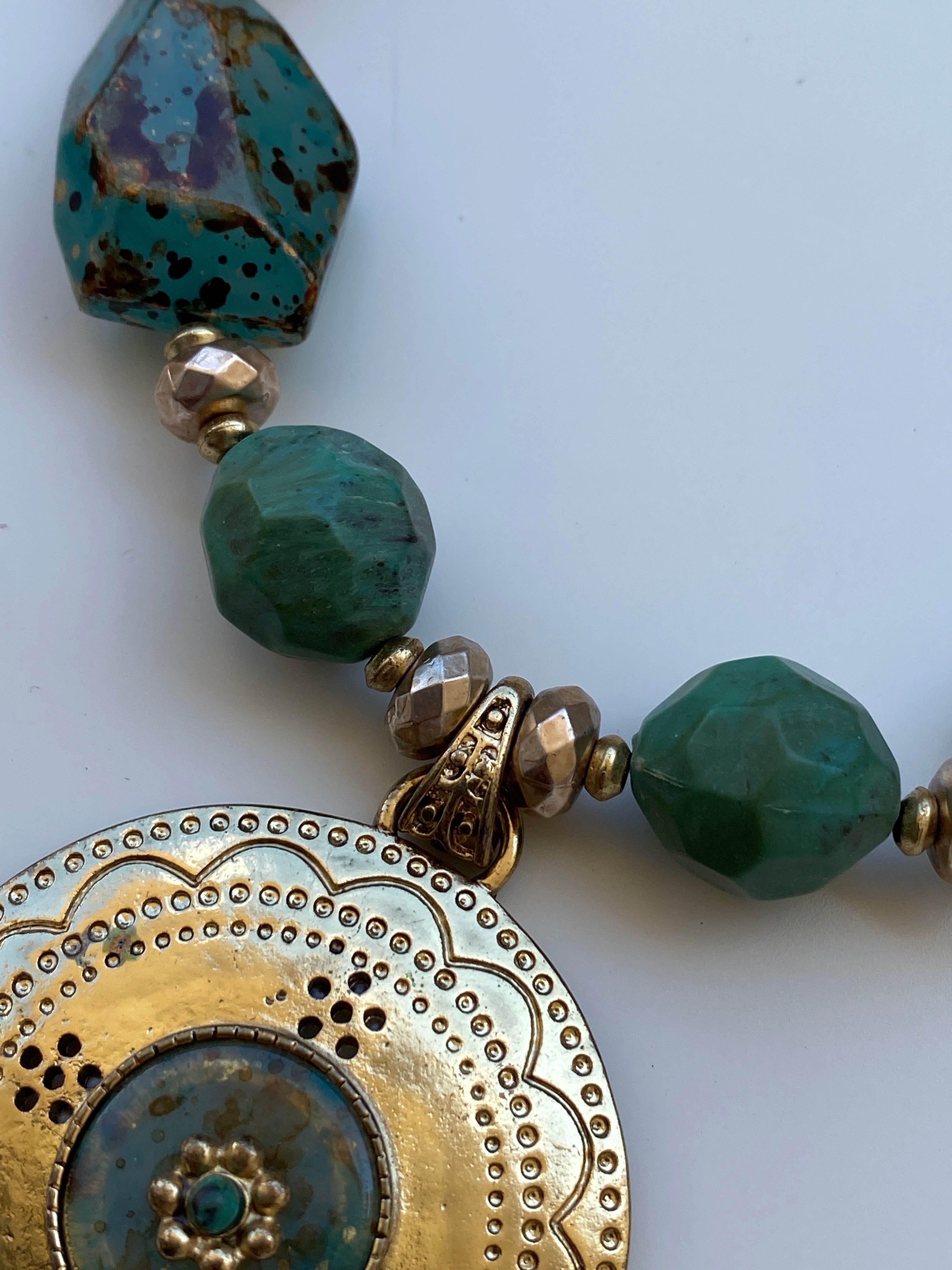 Vintage Boho Gold Tone Pendant Necklace with Green Stone Beads – Ethnic Statement