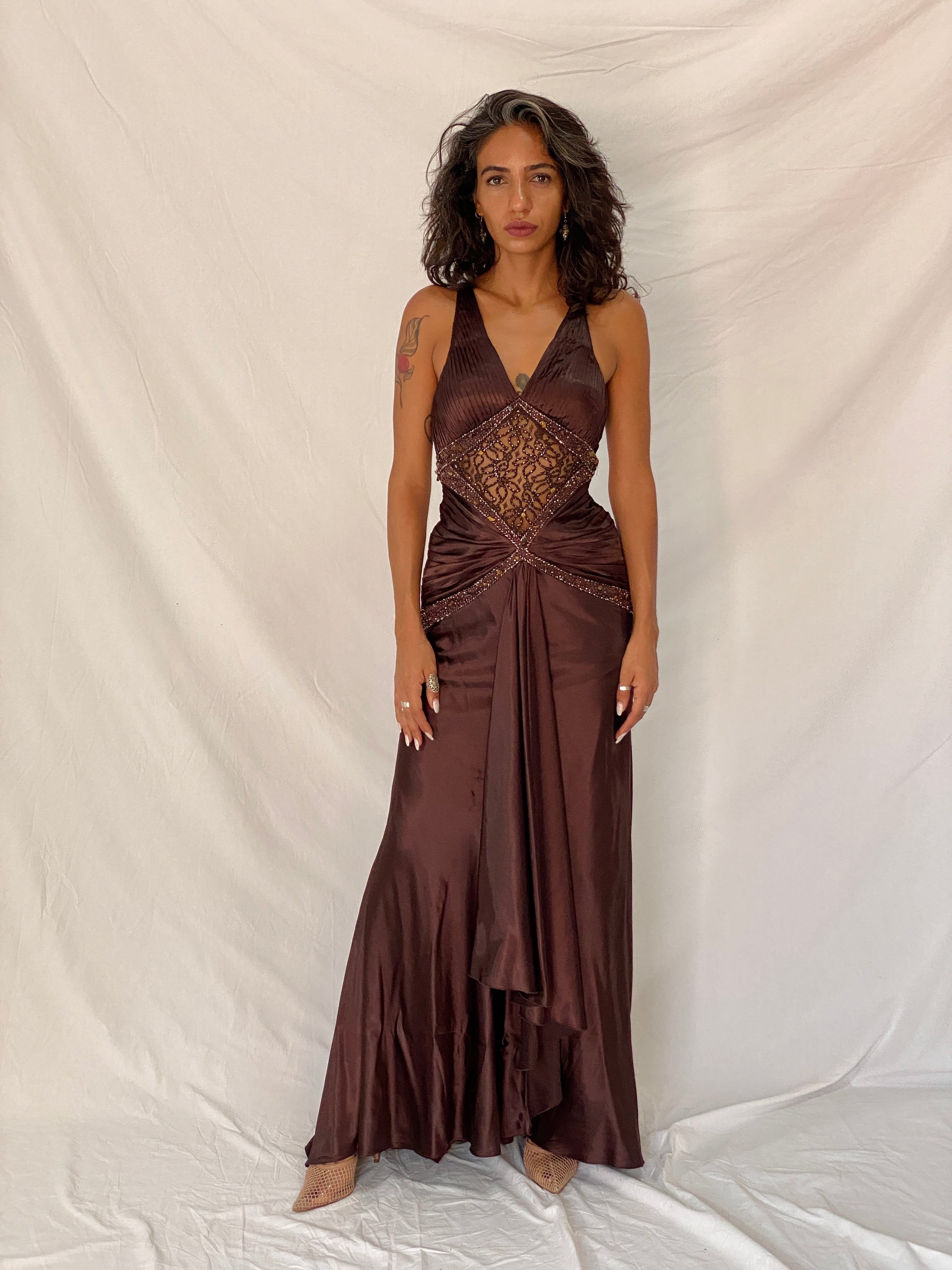 Vintage Y2K Alyce Designs Brown Satin Beaded Lace Cutout Formal Maxi Dress - XS
