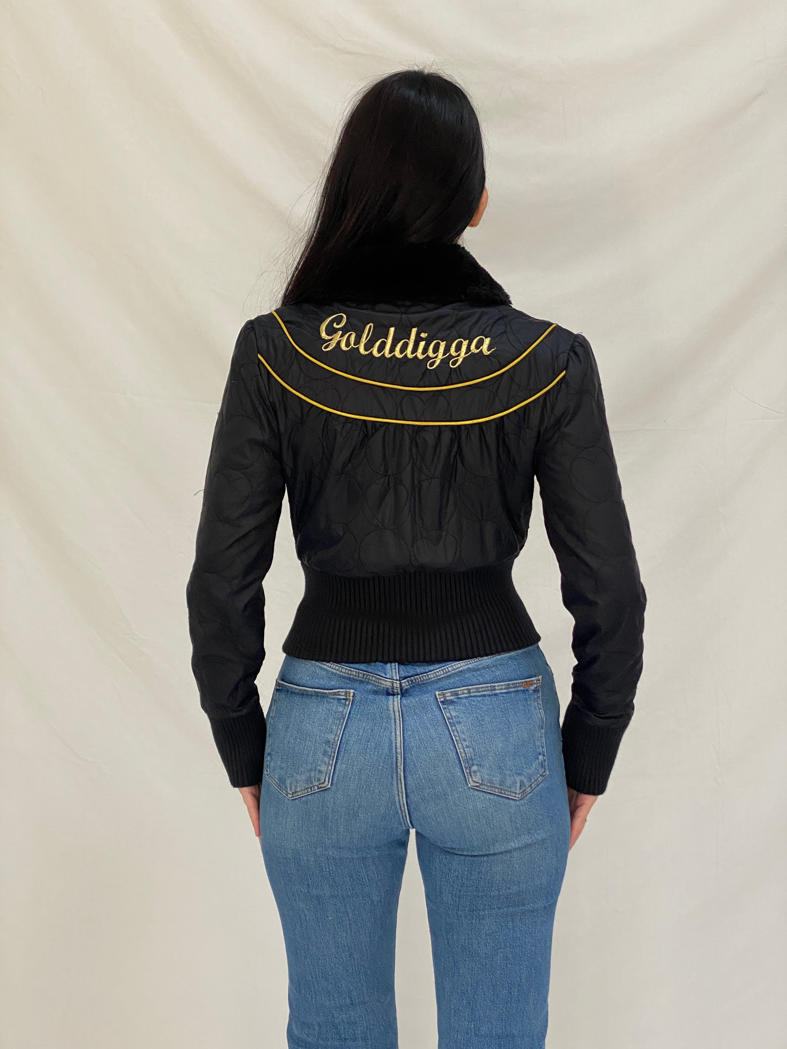 Y2K Core Golddigga Black Cropped Puffer Jacket Faux Fur Collar Gold Details - S