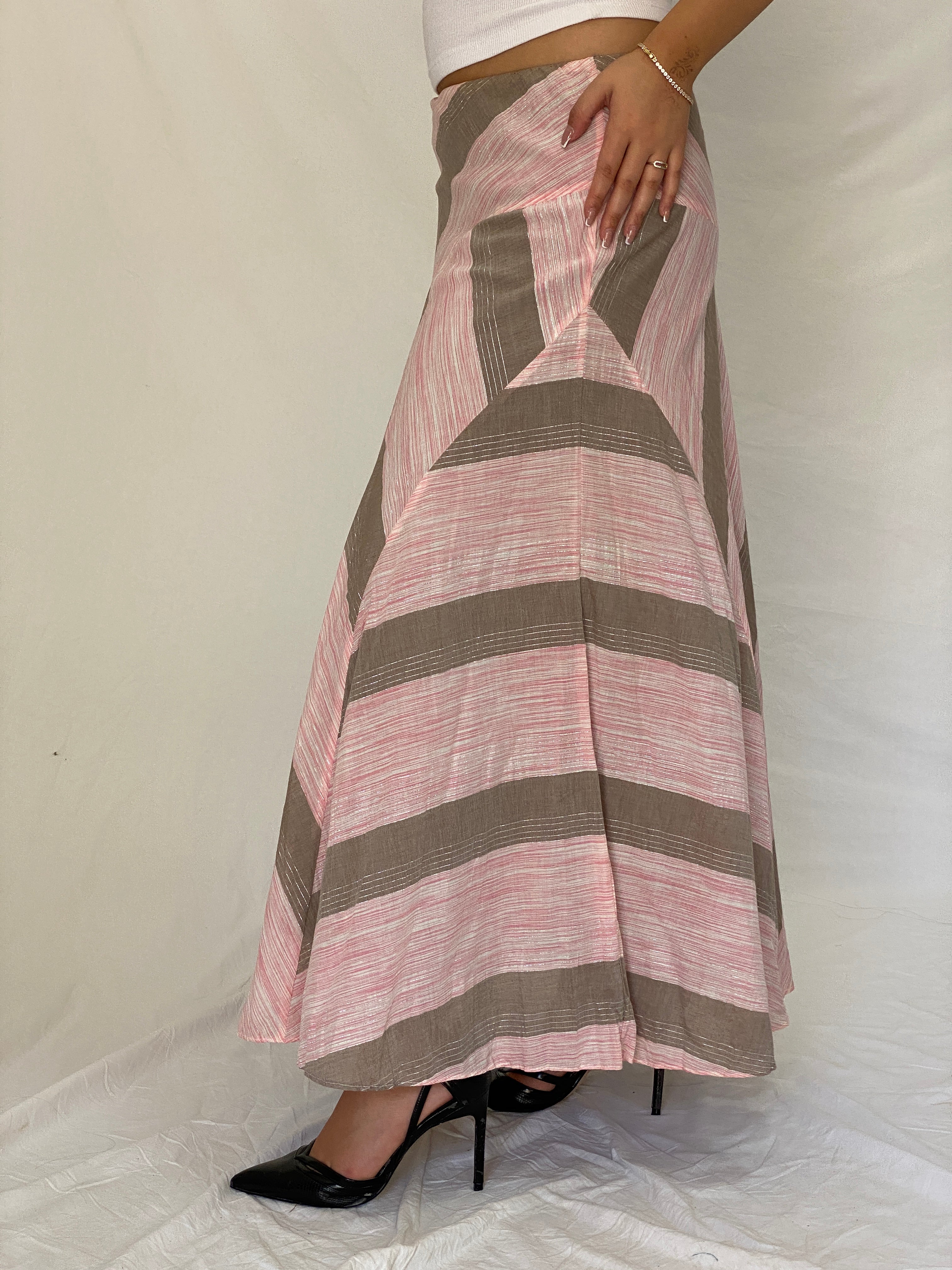 Vintage Y2K Woolworths Woman Pink & Taupe Linen Blend Chevron Maxi Skirt - M