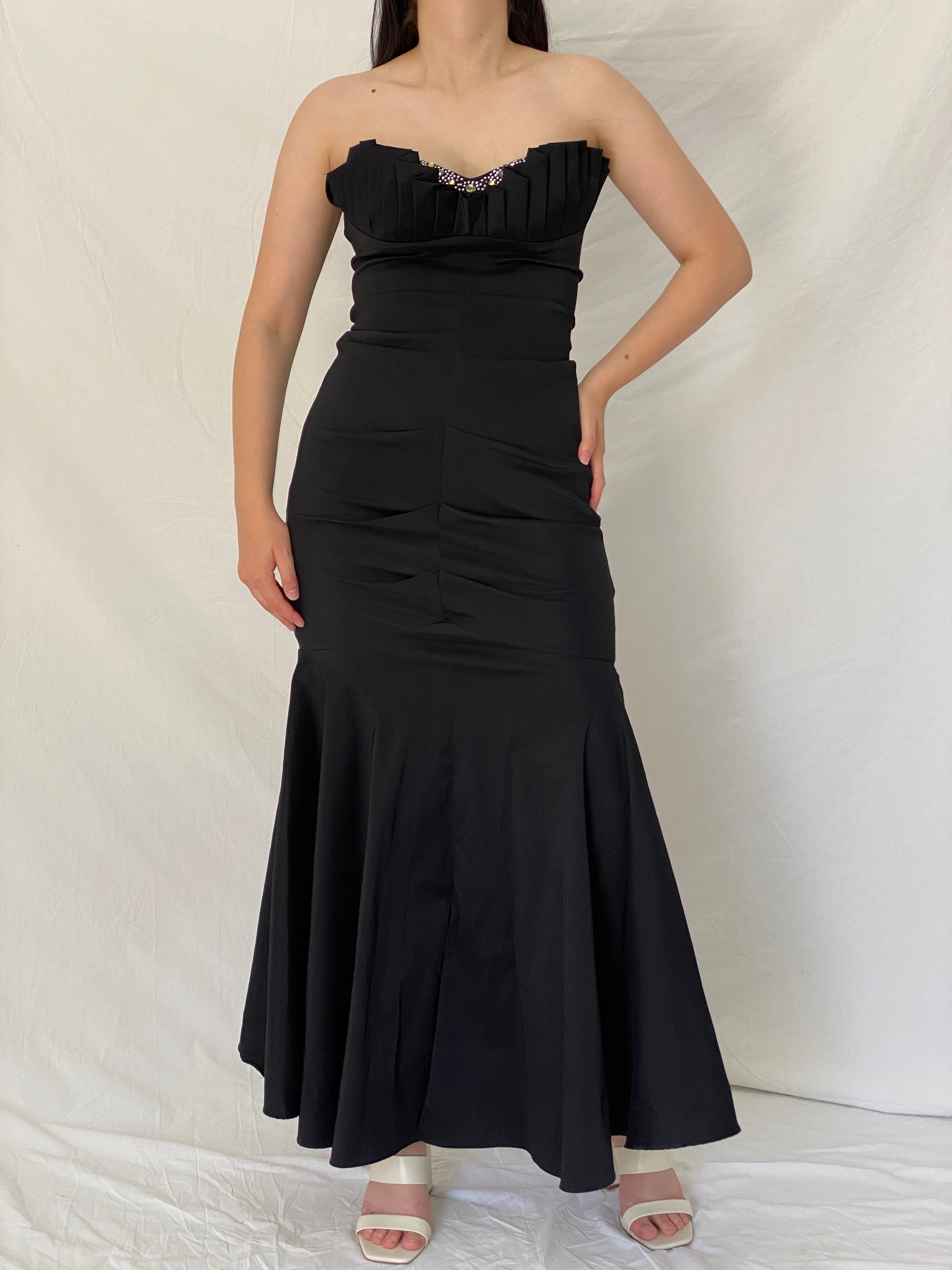 Vintage Betsy & Adam Black Beaded Bust Mermaid Evening Gown – M