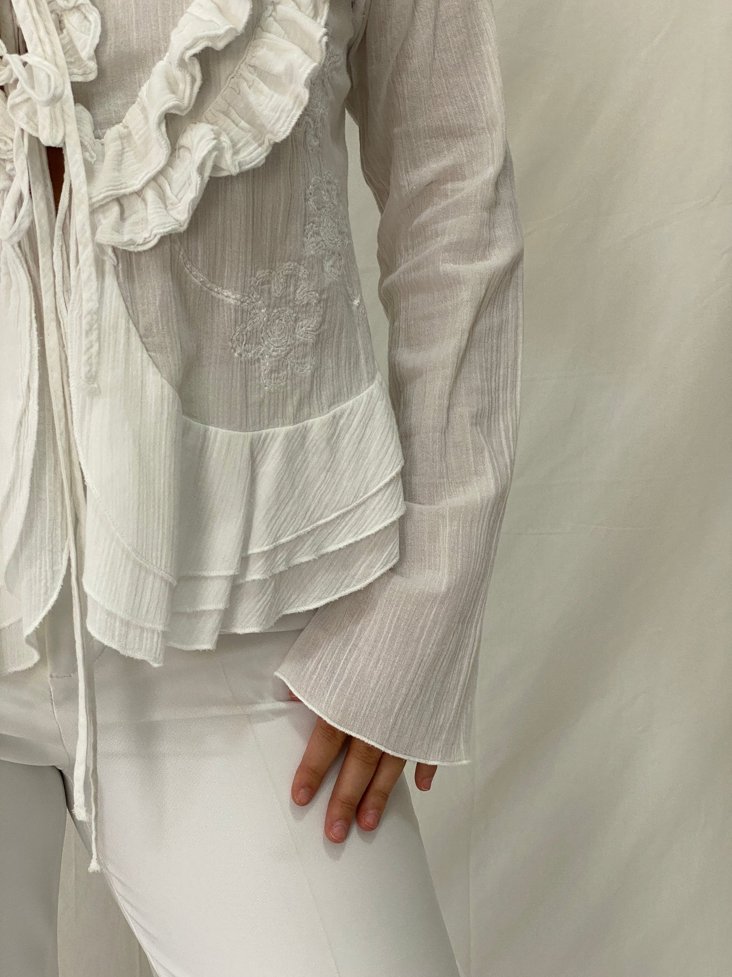 Vintage Y2K White Ruffled Sheer Cardigan Tie Front Romantic Fairy Grunge Blouse - L