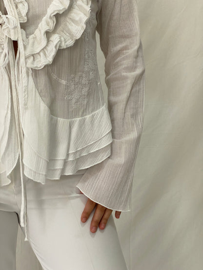 Vintage Y2K White Ruffled Sheer Cardigan Tie Front Romantic Fairy Grunge Blouse - L