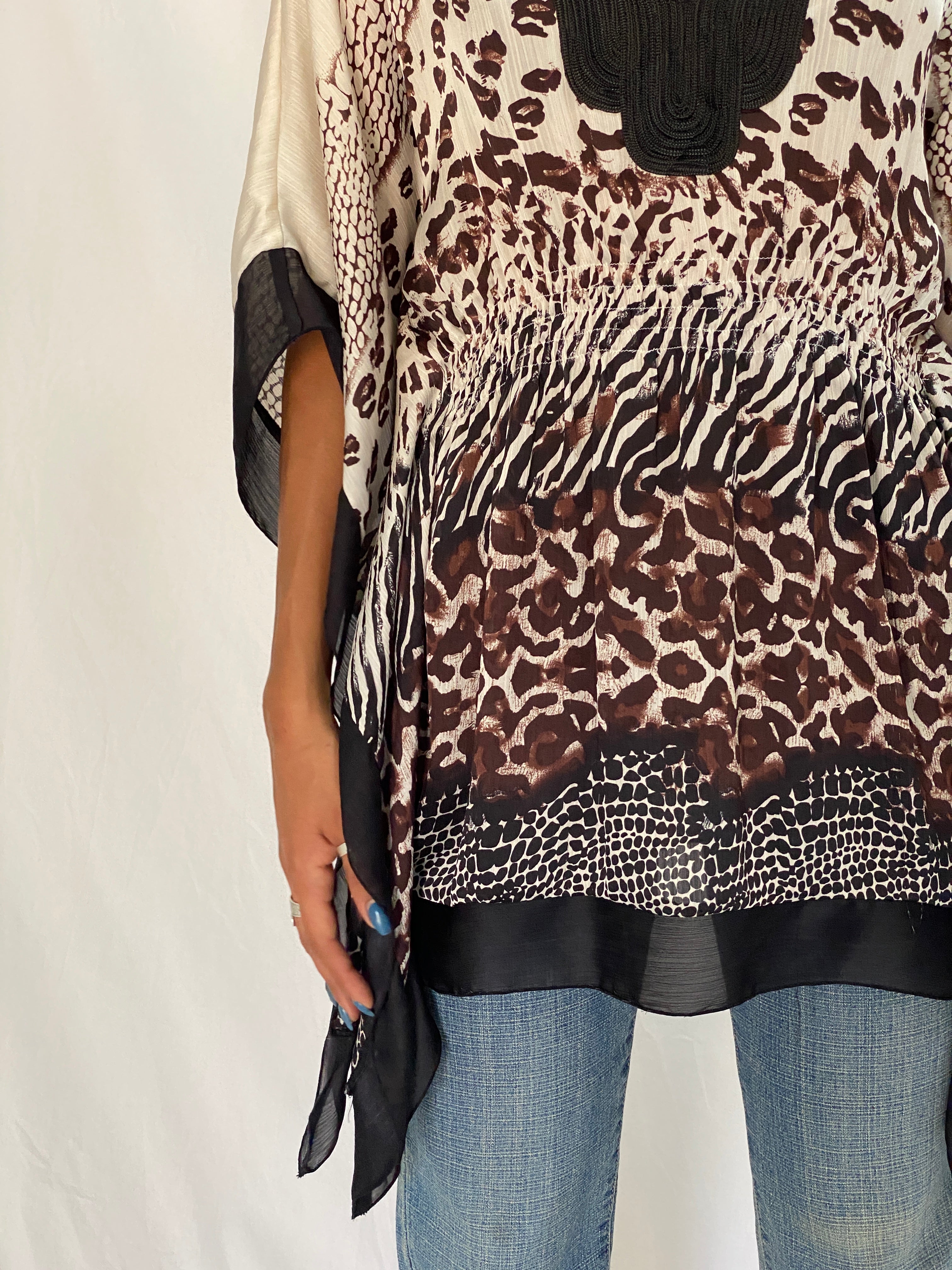 Vintage Y2K Kaelyn-Max Cream & Brown Animal Print Polyester Boho Kaftan Tunic Top - M