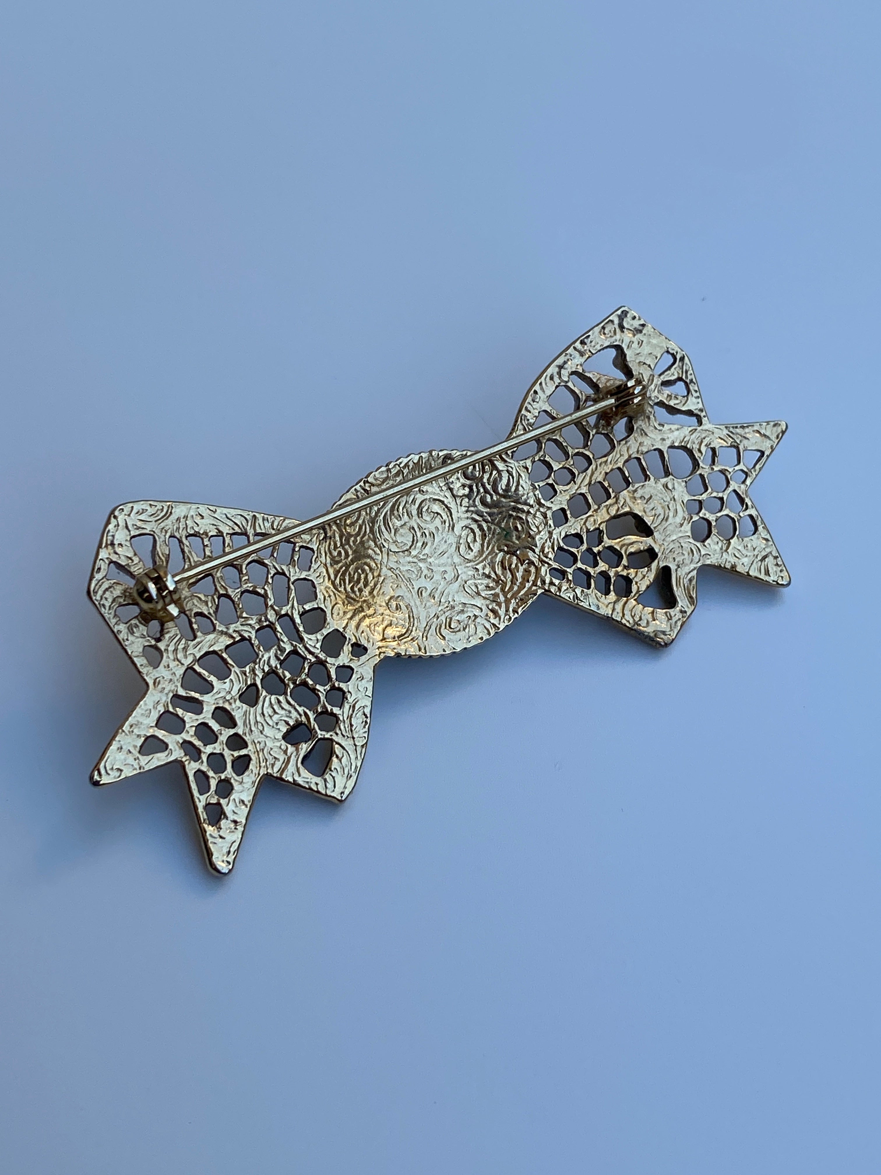 Vintage Victorian Revival Gold Tone Filigree Bow Brooch with Floral Cabochon
