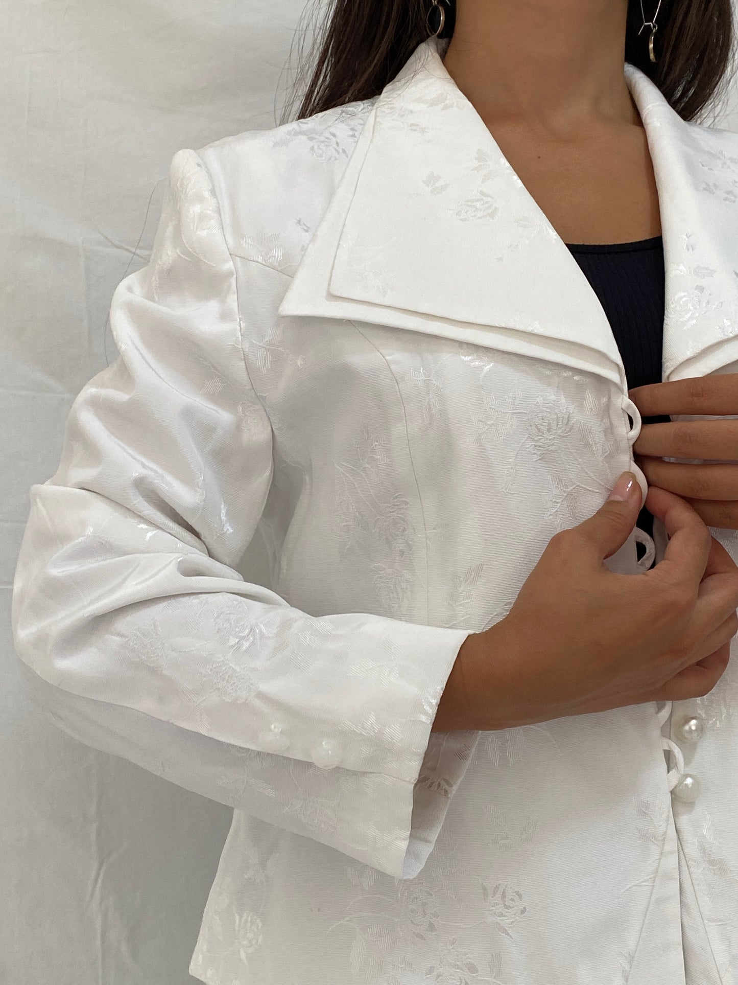 Vintage Allíson-ché Paris White Floral Satin Blazer Bridalcore Statement Jacket - L