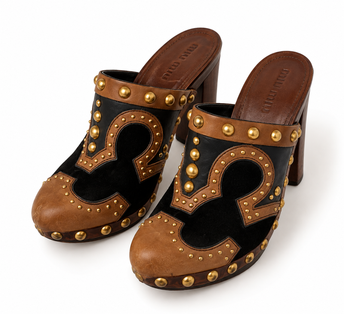 Vintage MIU MIU Gold Studded Brown Suede Leather Wood High Heel Clog Mules - 38EUR