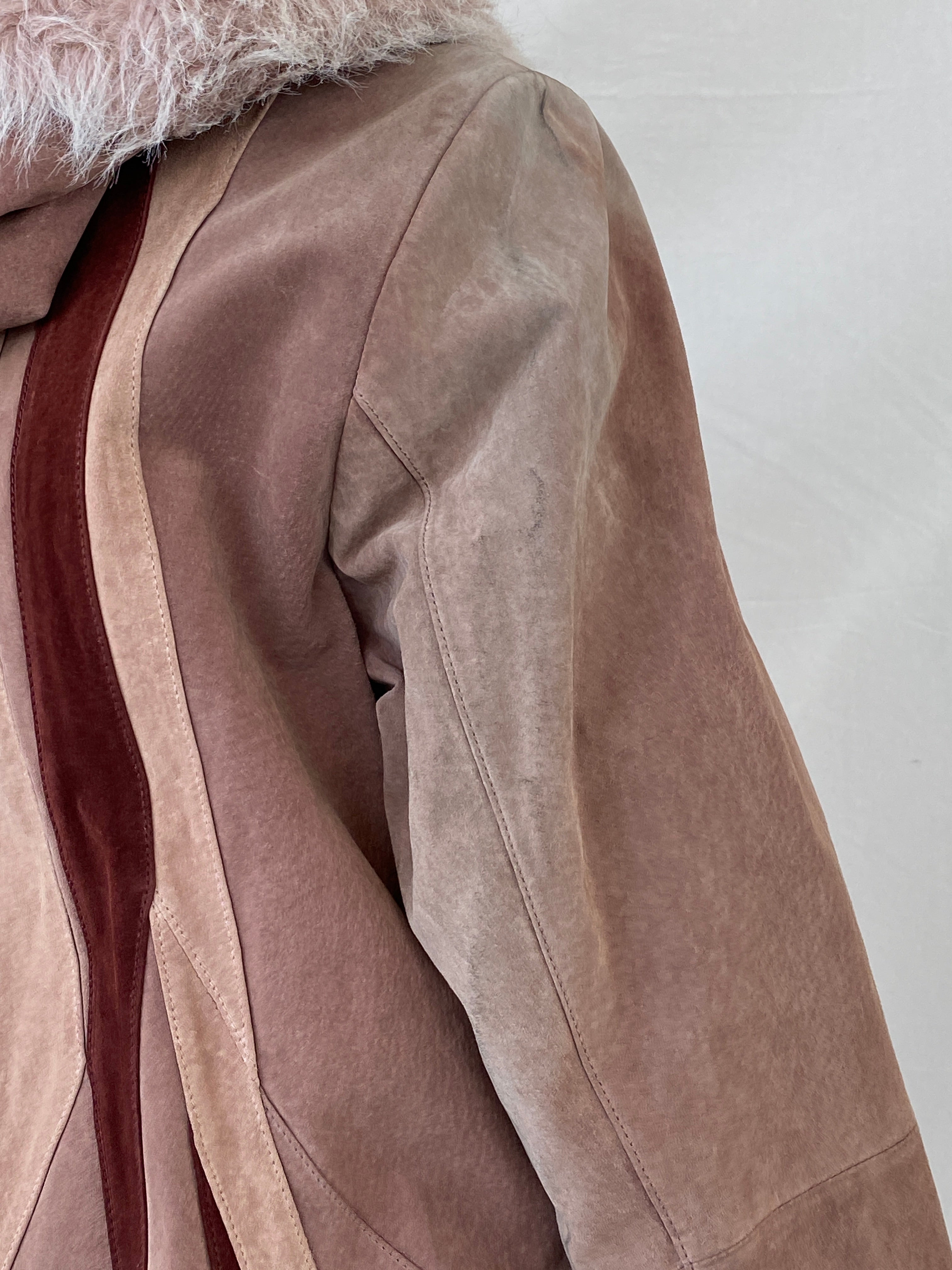 90s Genuine Pink Suede Heavy Zip Up Patched Coat - L