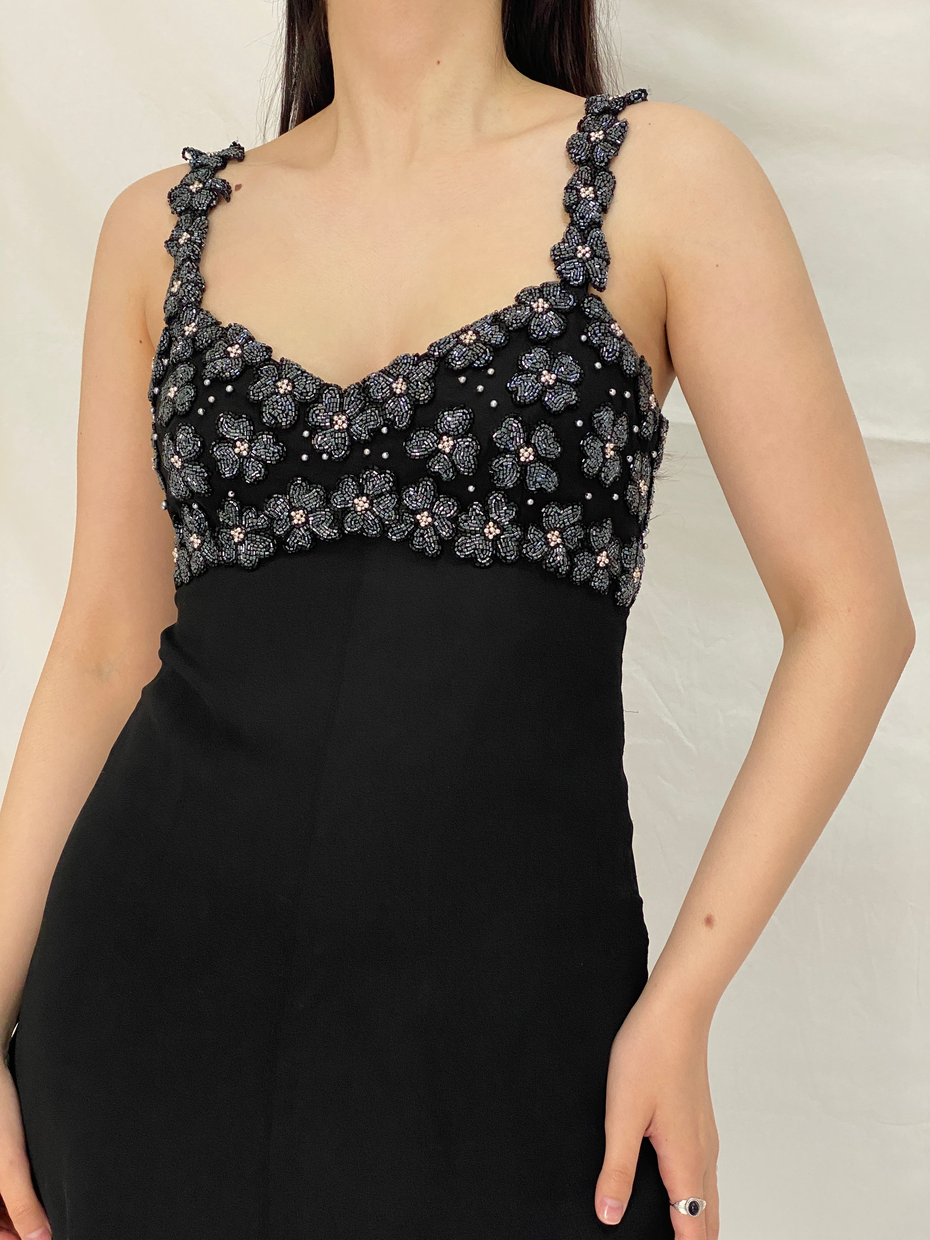 Vintage 90s A.J. Bari Black Silk Beaded Floral Bodice Mini Dress - S
