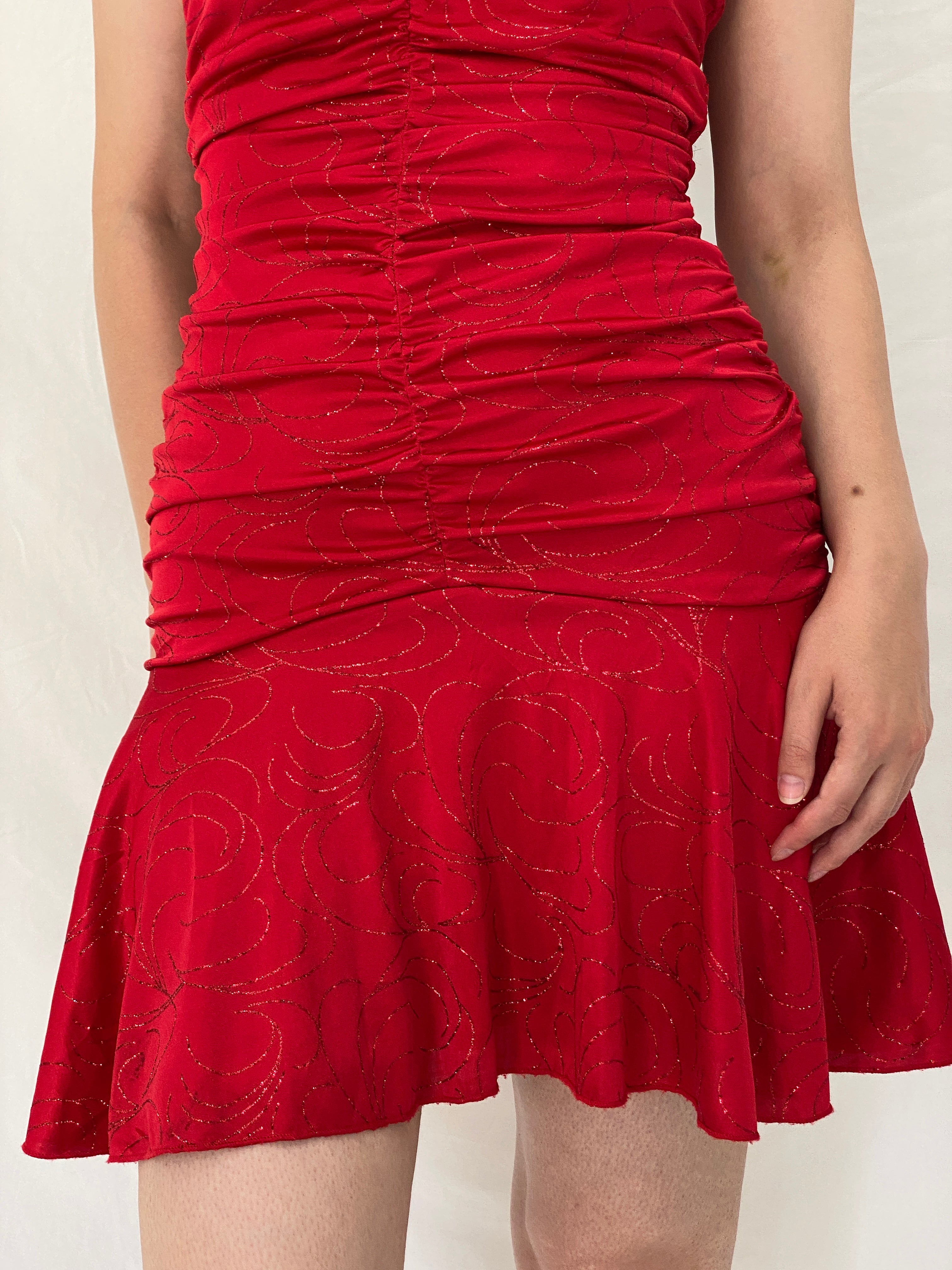 Vintage Y2K Ruby Rox Red Glitter Ruched Halter Mini Dress - M