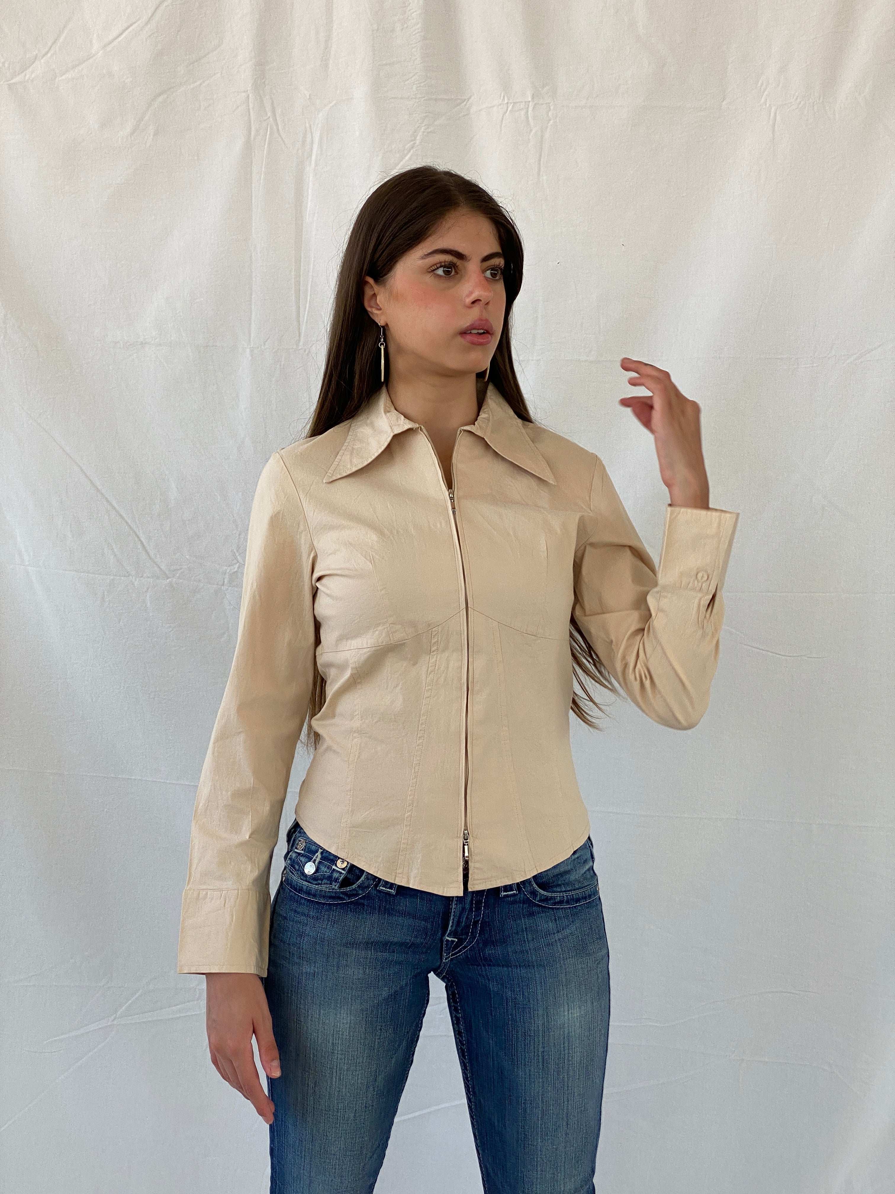 Y2K Lamie Beige Structured Office Core Zip Up Full Sleeve Shirt - M