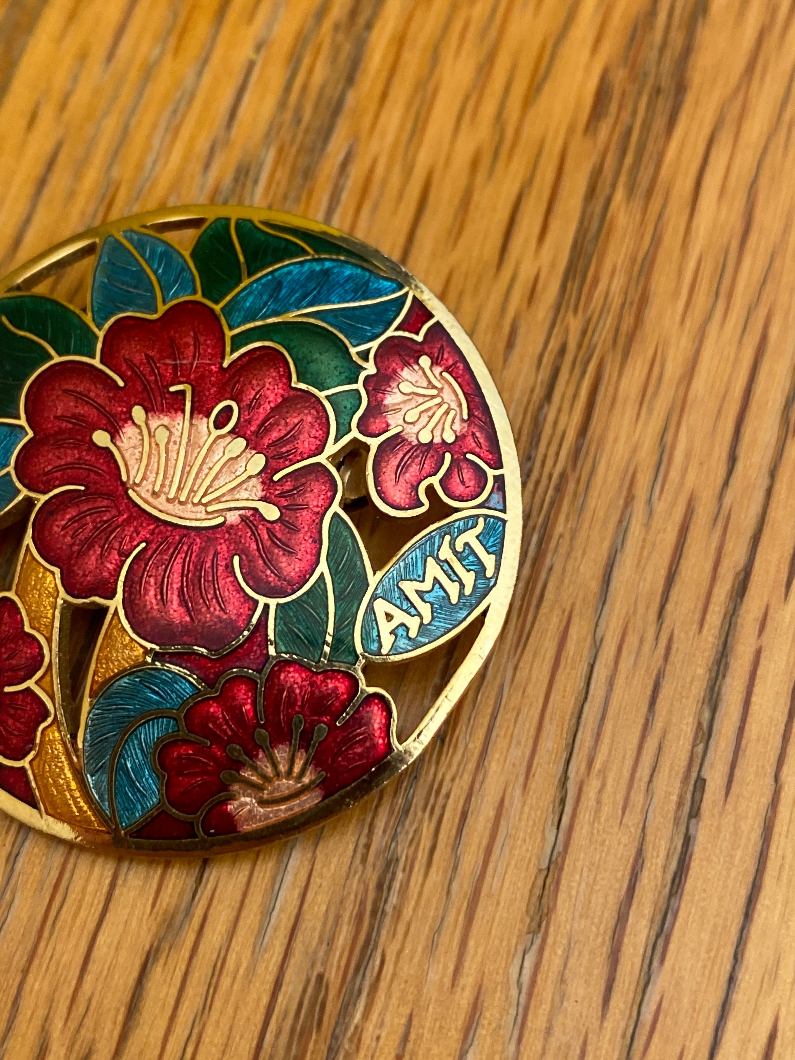 Vintage AMIT Enamel Floral Brooch Pendant Gold Tone Cloisonné Style Flower Medallion