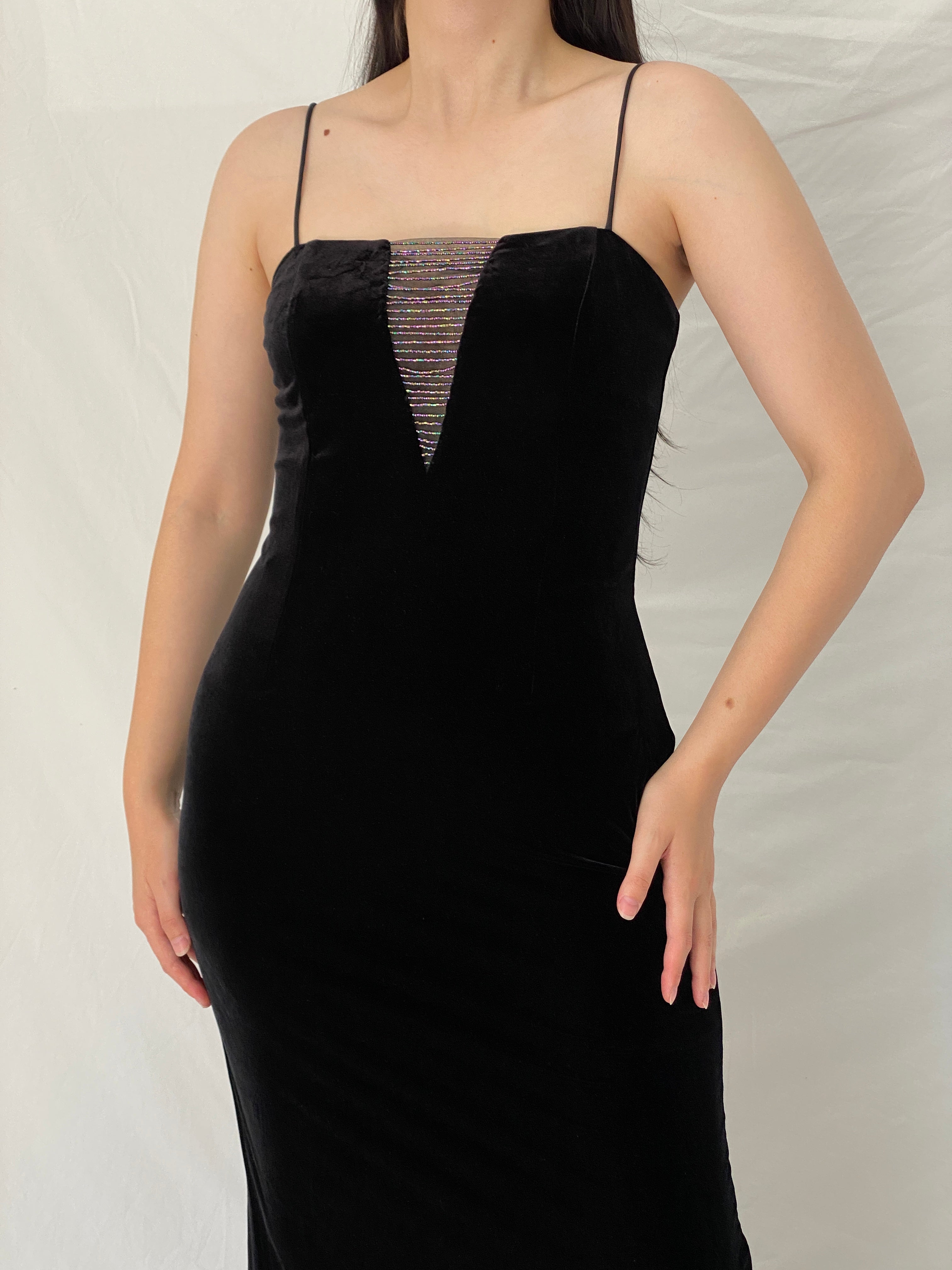 Vintage Betsey & Adam by Jaslene Black Velvet Beaded Illusion Evening Gown – S