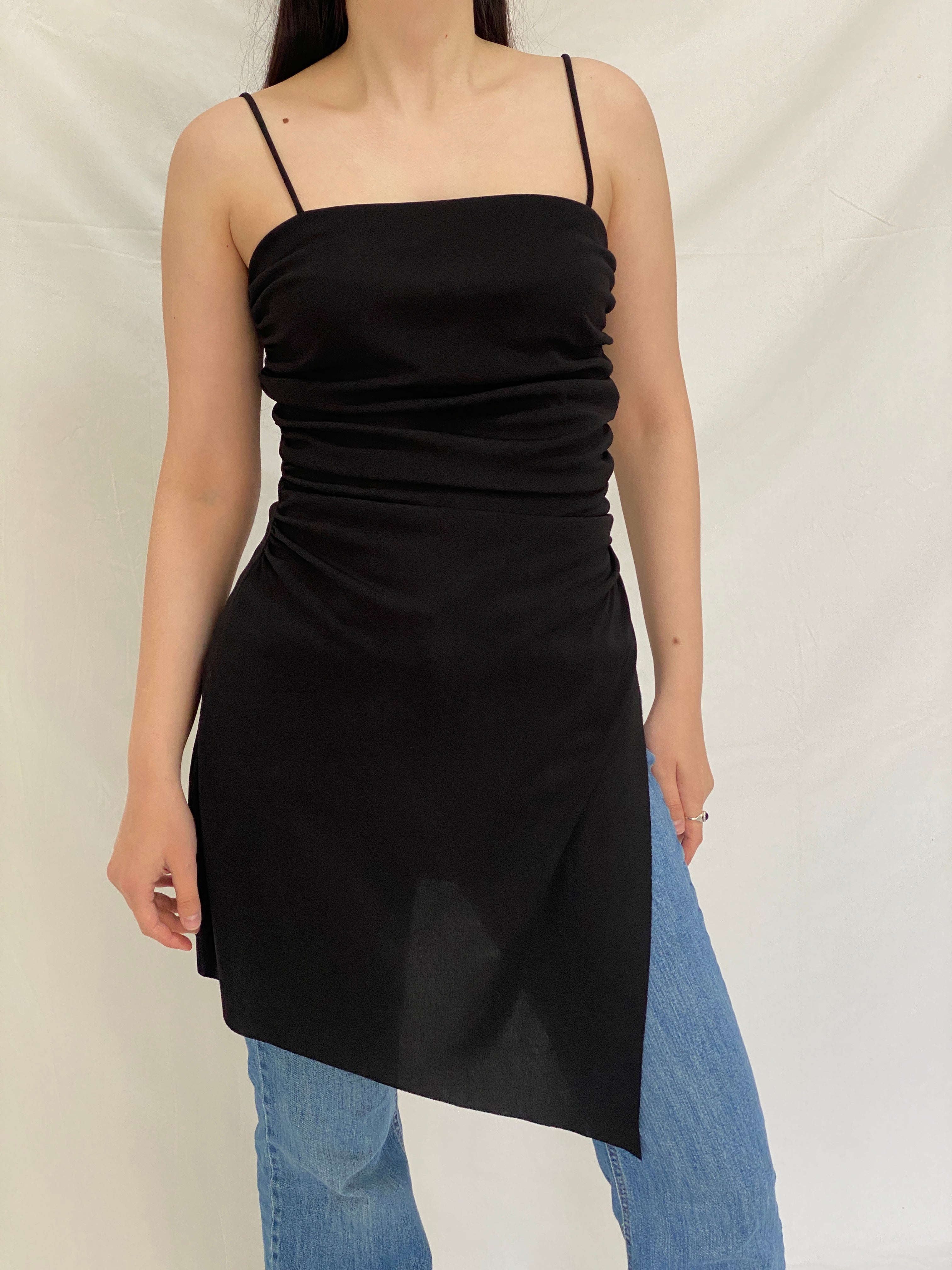 Vintage Y2K A-list Black Asymmetric  Ruched Cami Stretch Minimalist Top - M