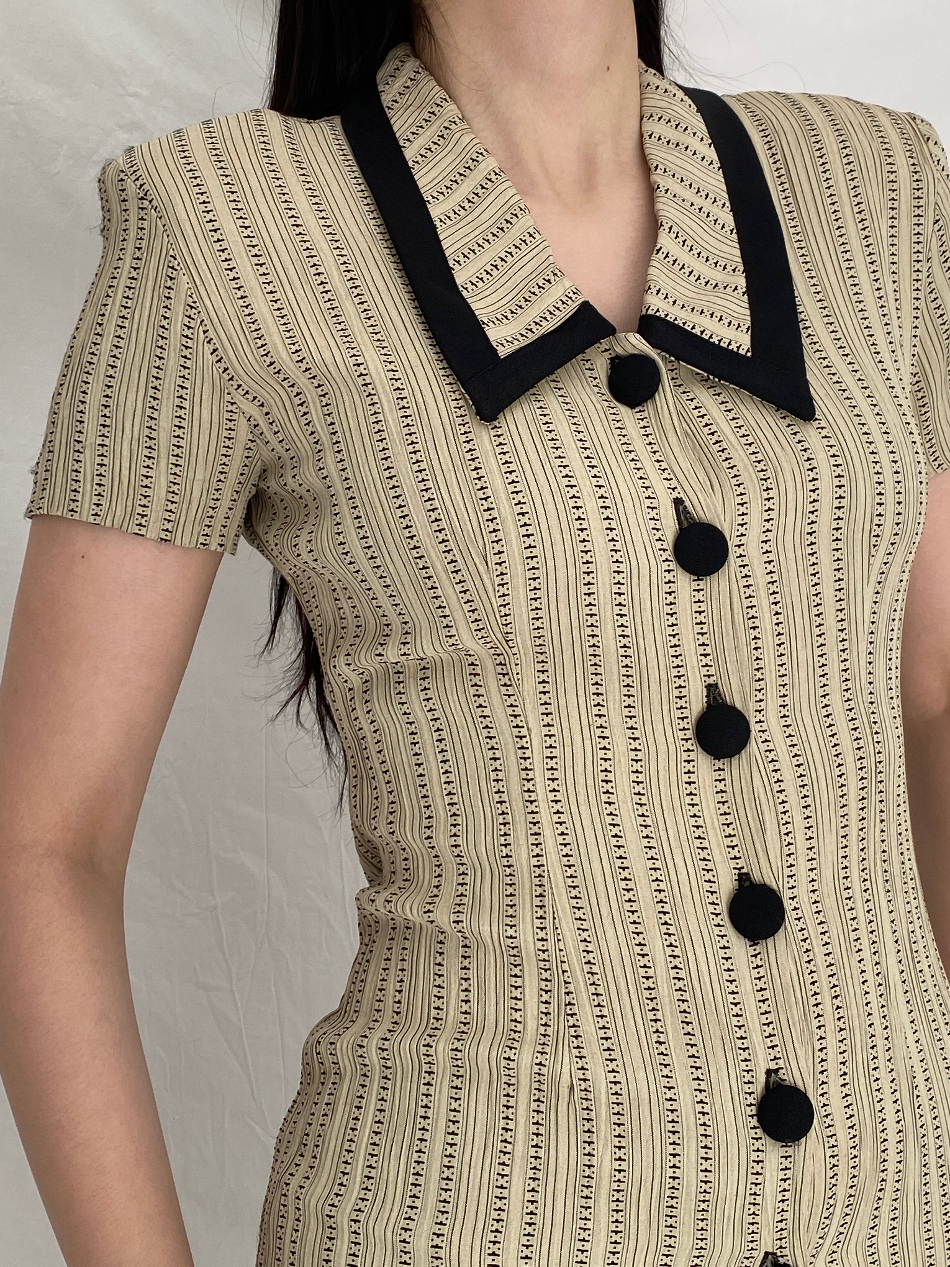 Vintage 90s Dawn Joy Fashions Beige Patterned Fitted Mini Dress - S Vintage 90s Dawn Joy Fashions Beige Patterned Fitted Mini Dress - S