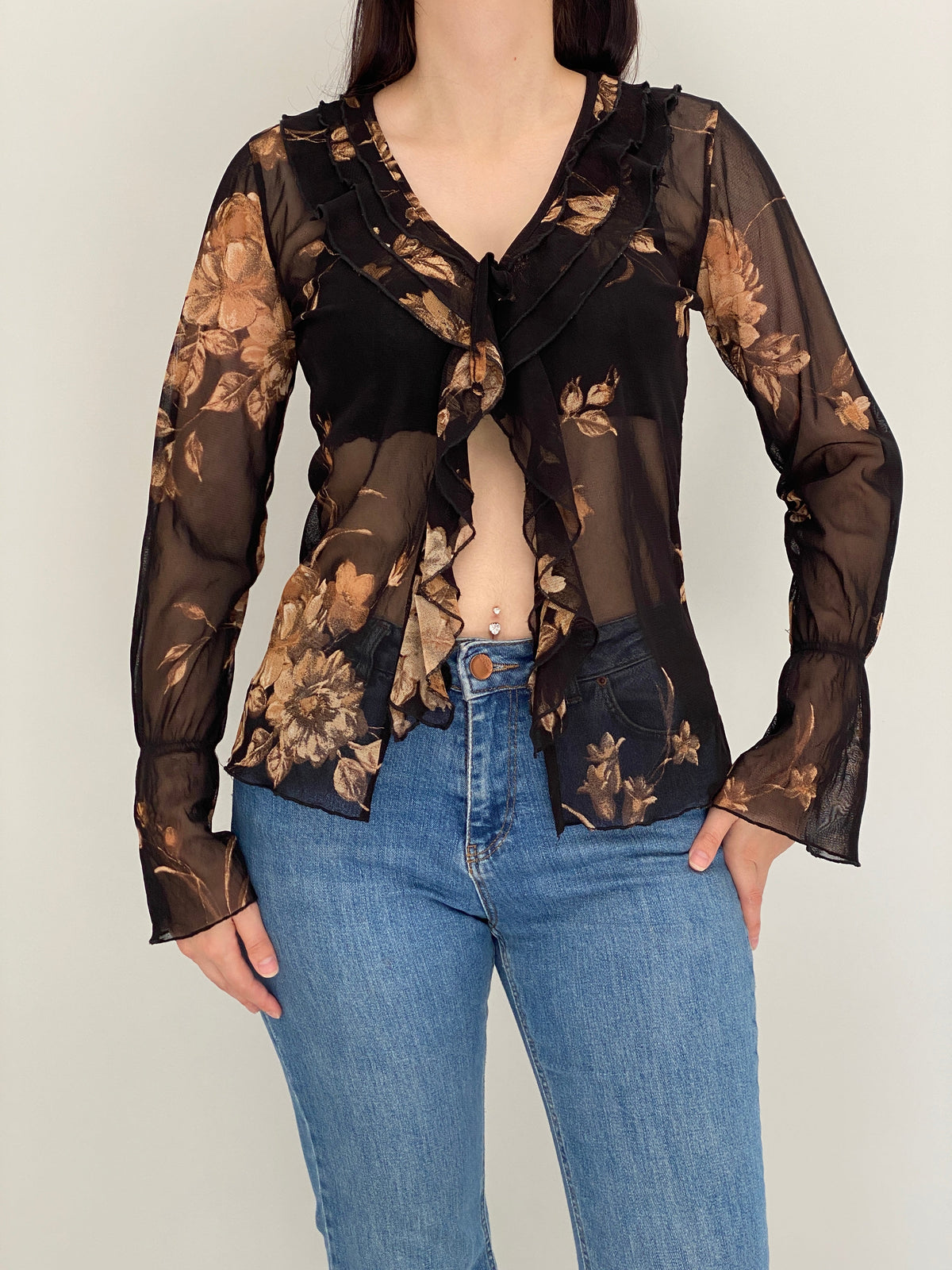 Vintage Y2K Surrender Women Black & Brown Floral Sheer Mesh Ruffle Blouse - M