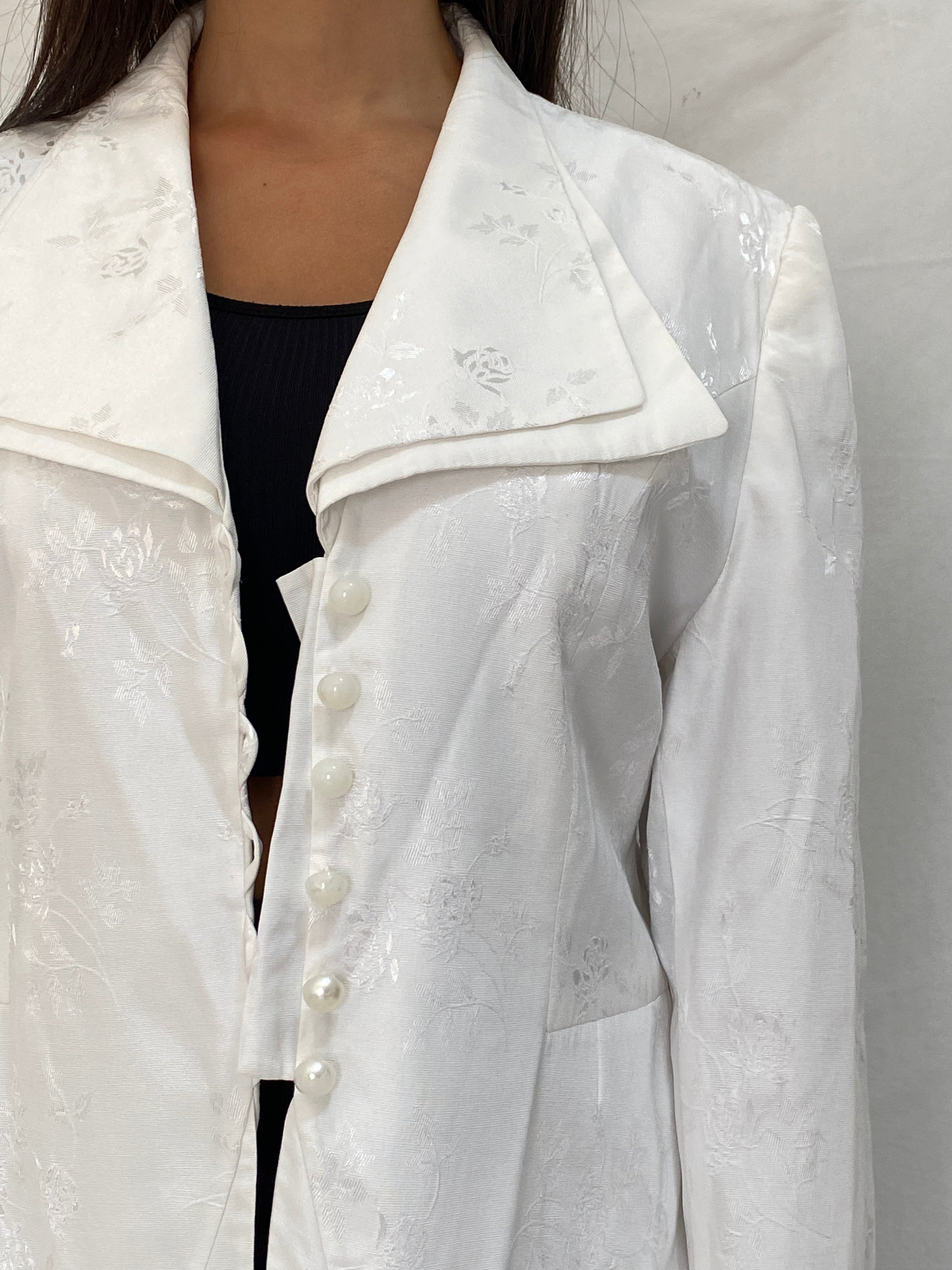 Vintage Allíson-ché Paris White Floral Satin Blazer Bridalcore Statement Jacket - L