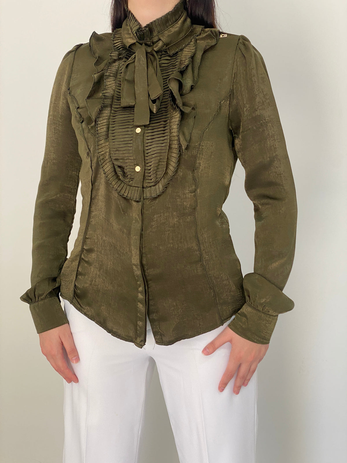 Goldie Estelle Olive Green Long Sleeve Shirt Ruffle Bow Blouse – M